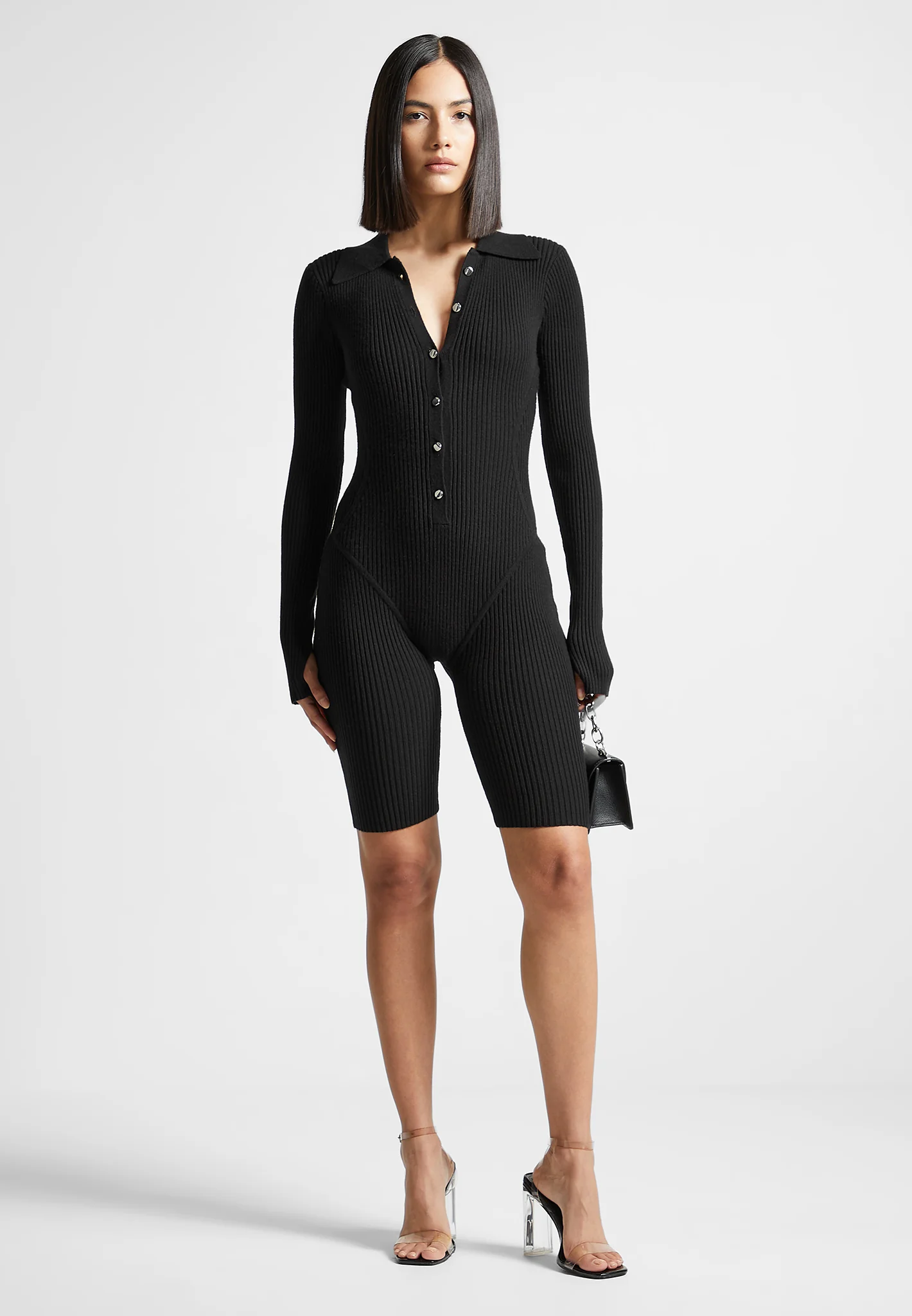 Ribbed Knit Long Sleeve Playsuit - Black - Image 2
