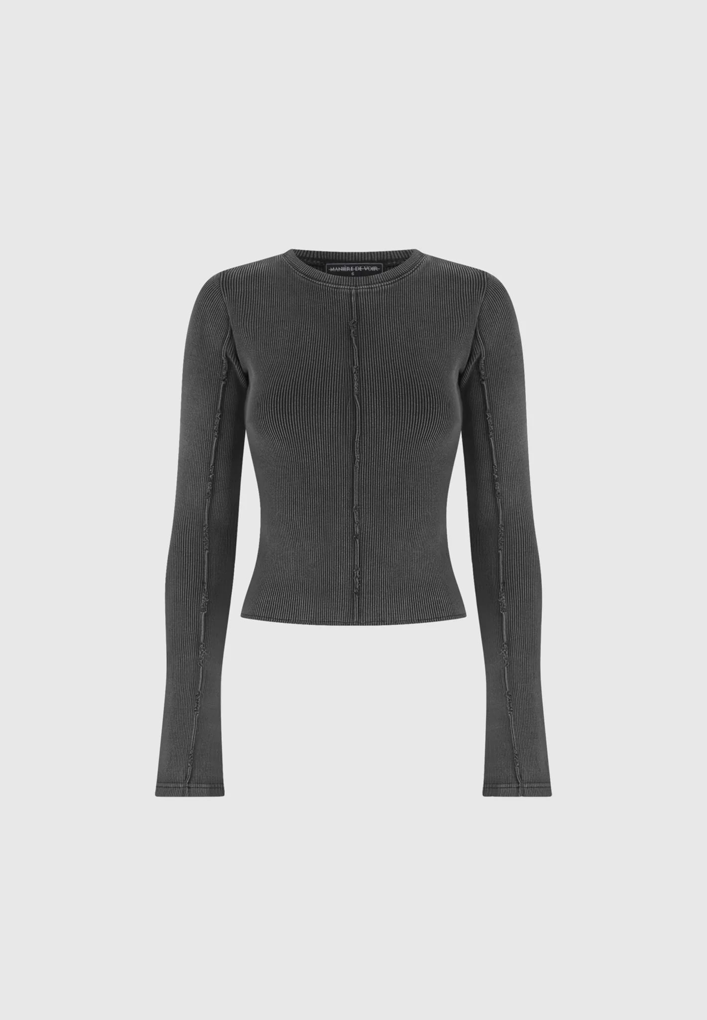 Ribbed Long Sleeve Top - Washed Grey - Image 2