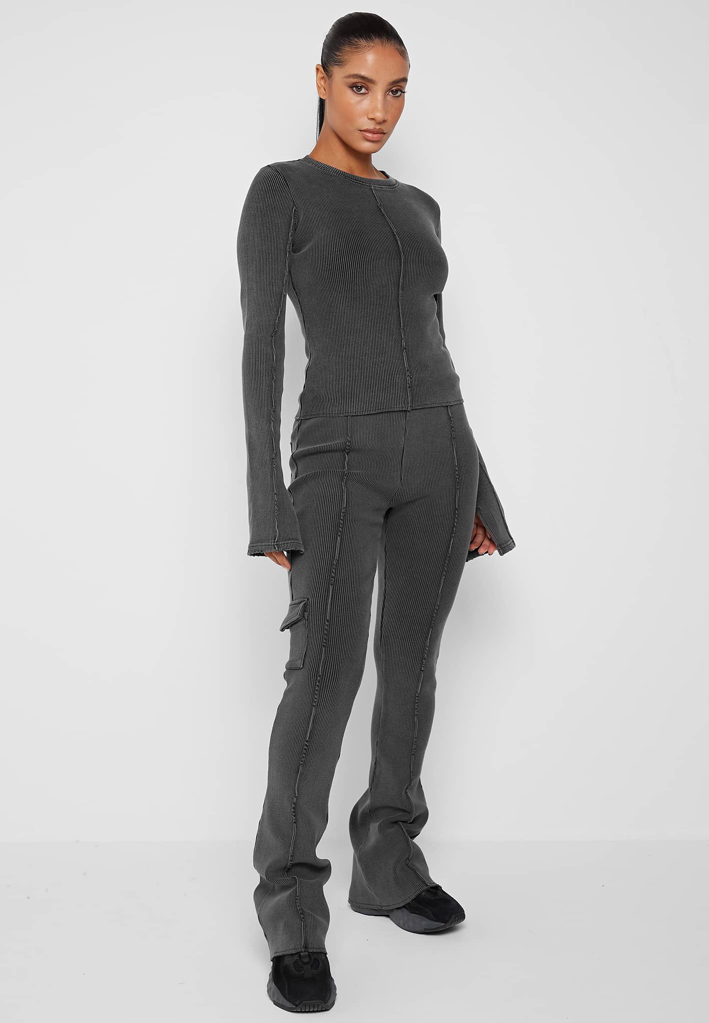 Ribbed Long Sleeve Top - Washed Grey - Image 3