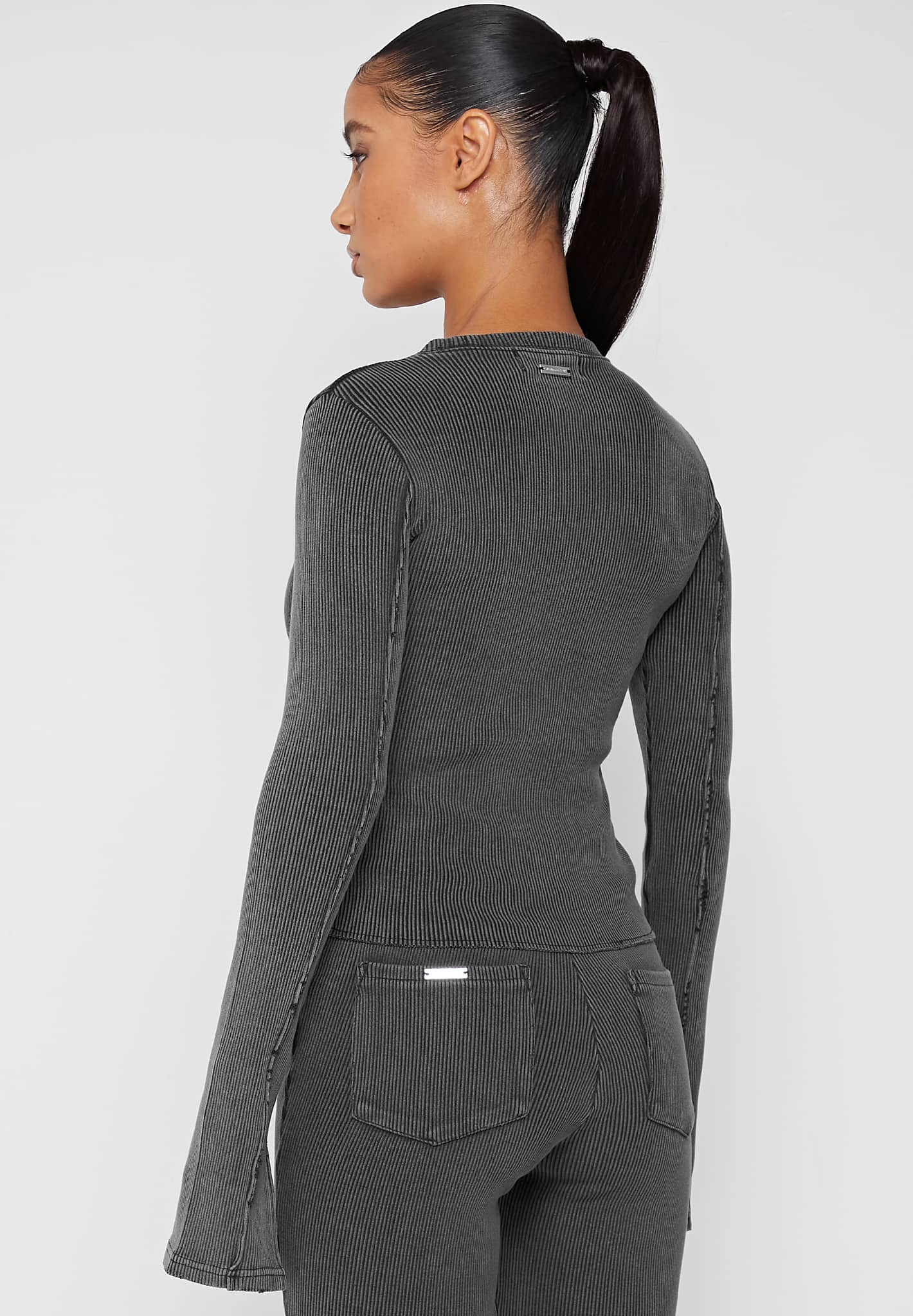 Ribbed Long Sleeve Top - Washed Grey - Image 5