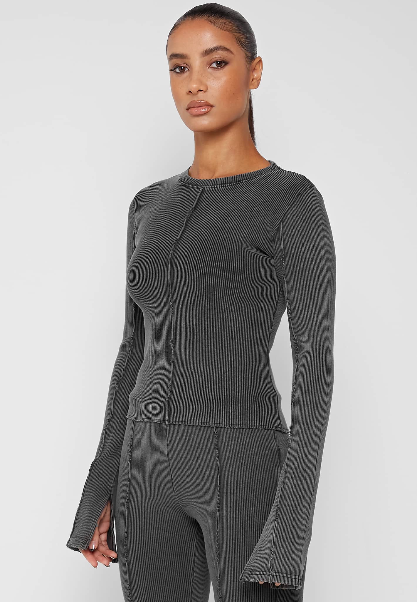Ribbed Long Sleeve Top - Washed Grey - Image 6