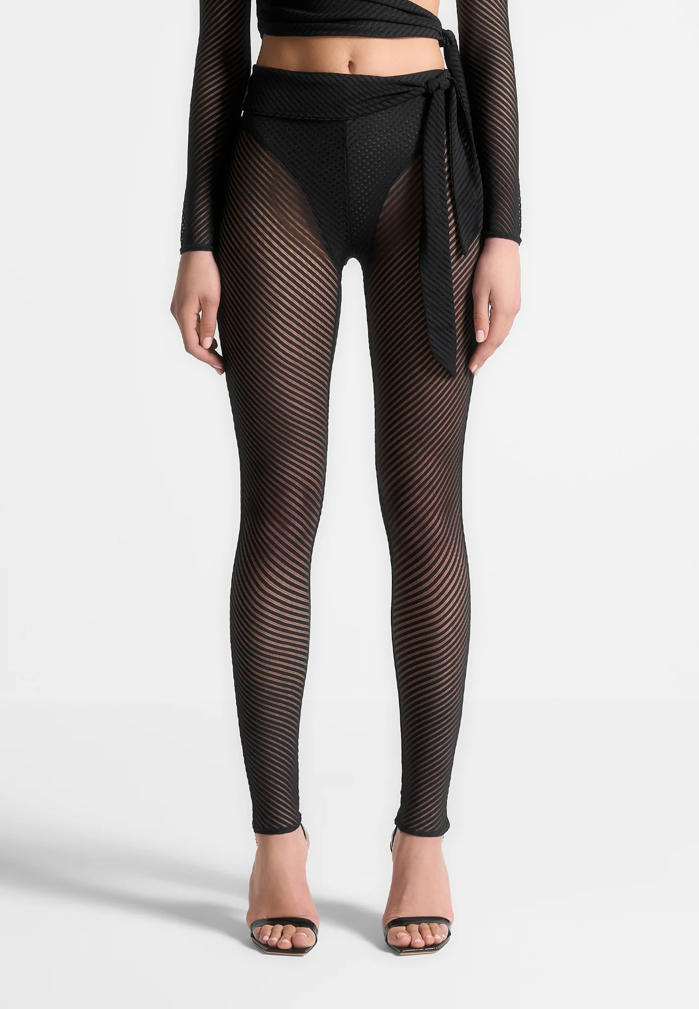 Ribbed Sheer Leggings with Tie - Black - Image 2