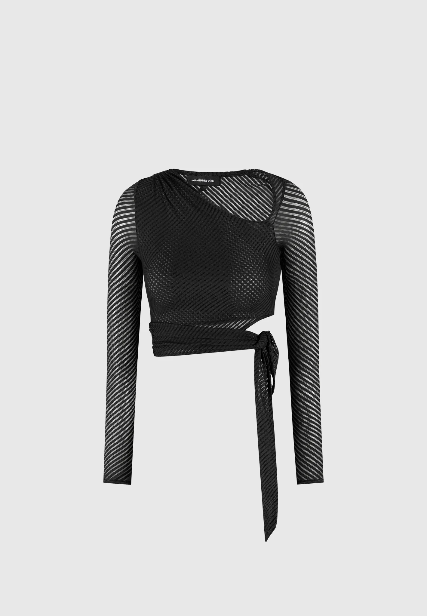 Ribbed Sheer Top with Tie - Black - Image 4