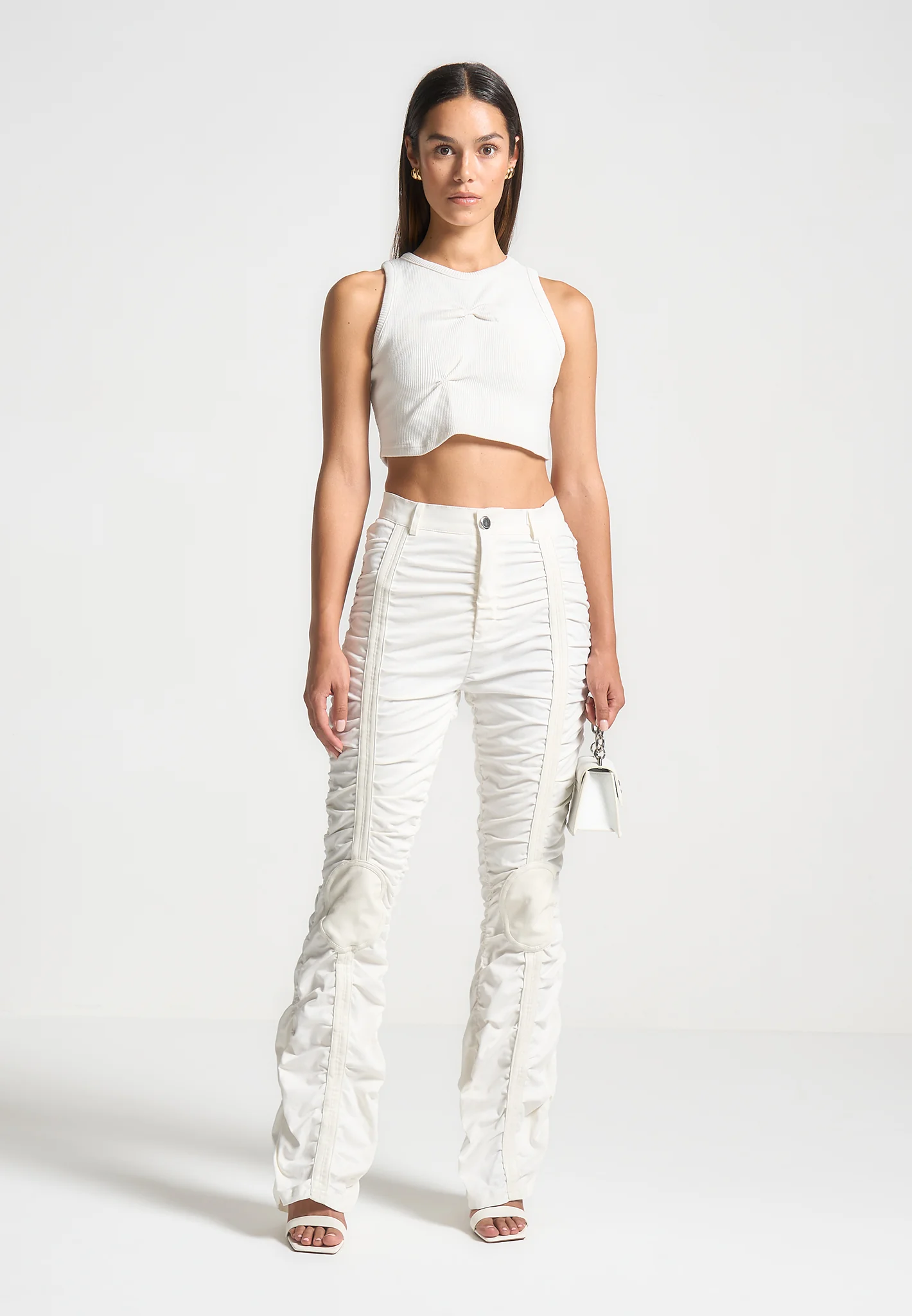 Ruched Trousers with Knee Patch - White - Image 3