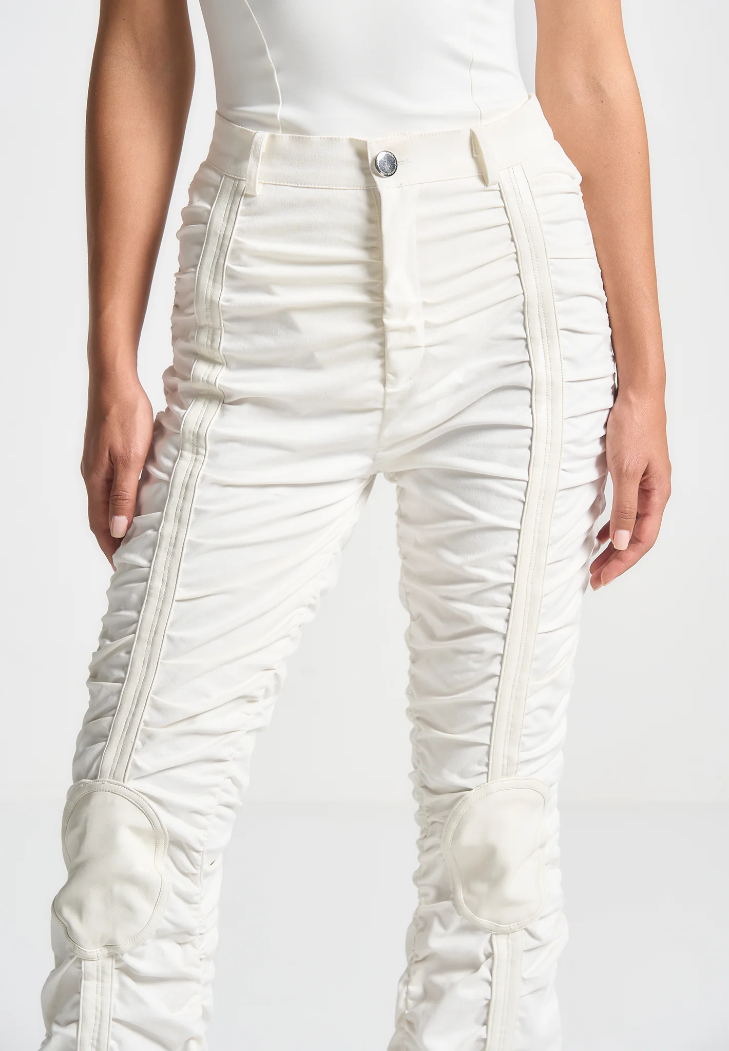 Ruched Trousers with Knee Patch - White - Image 4