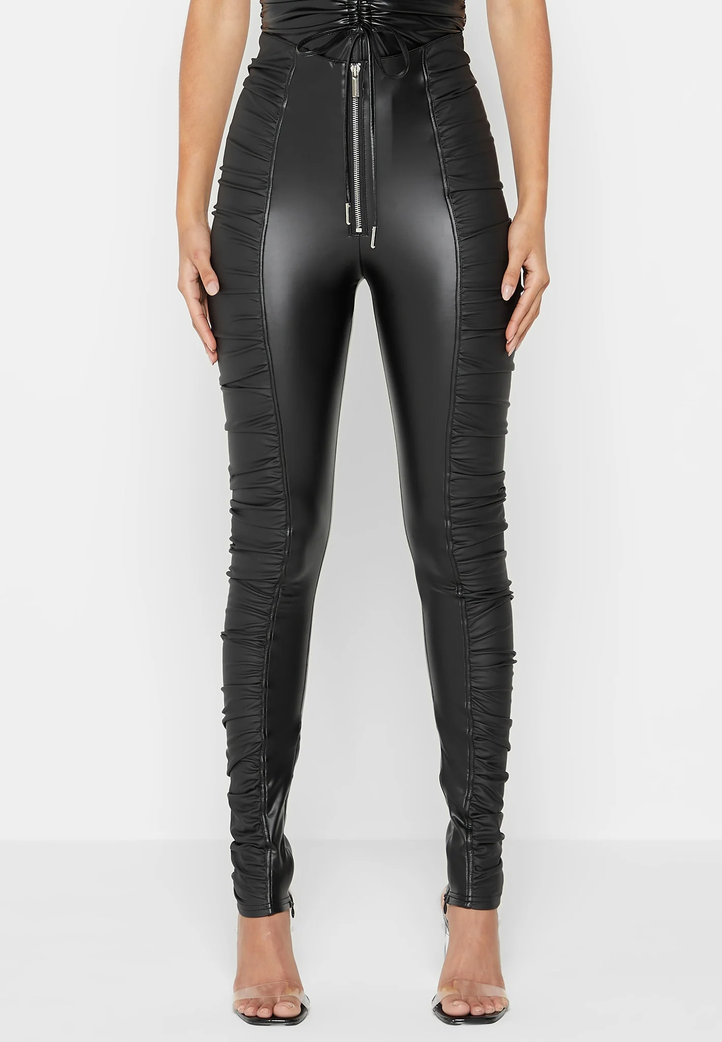 Ruched Leather Leggings - Black