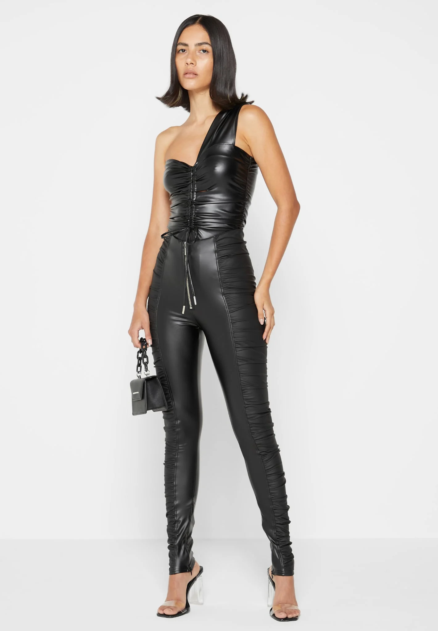 Ruched Leather Leggings - Black - Image 3