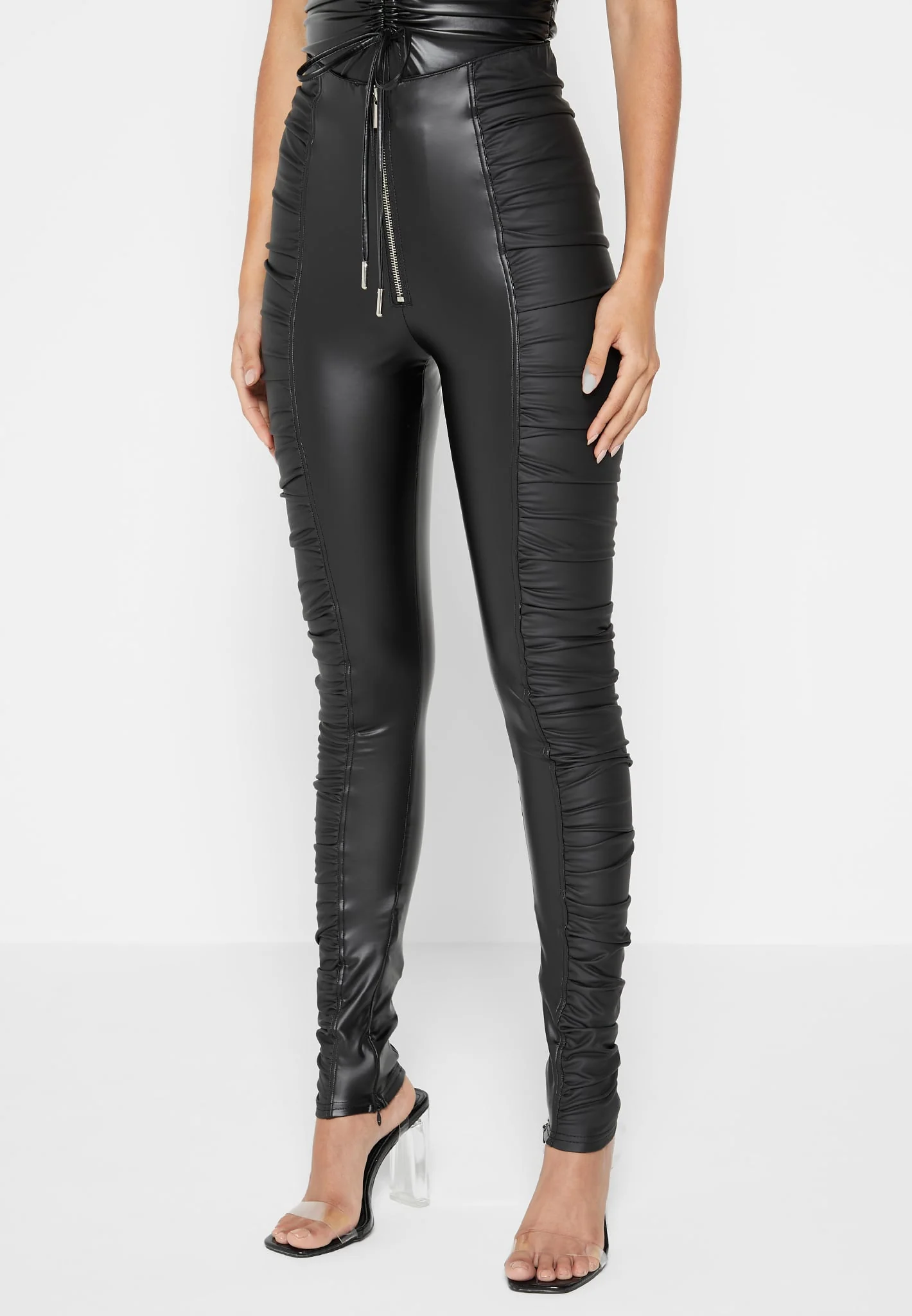Ruched Leather Leggings - Black - Image 4