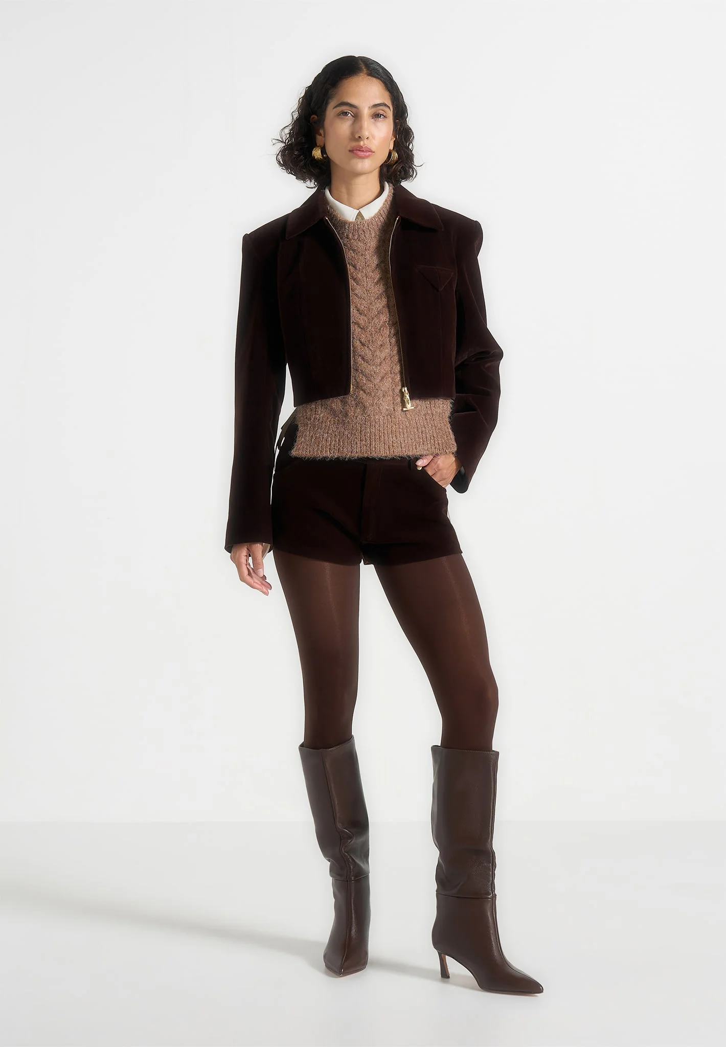 Samia - Velvet Patent Mini Shorts - Brown - Image 2