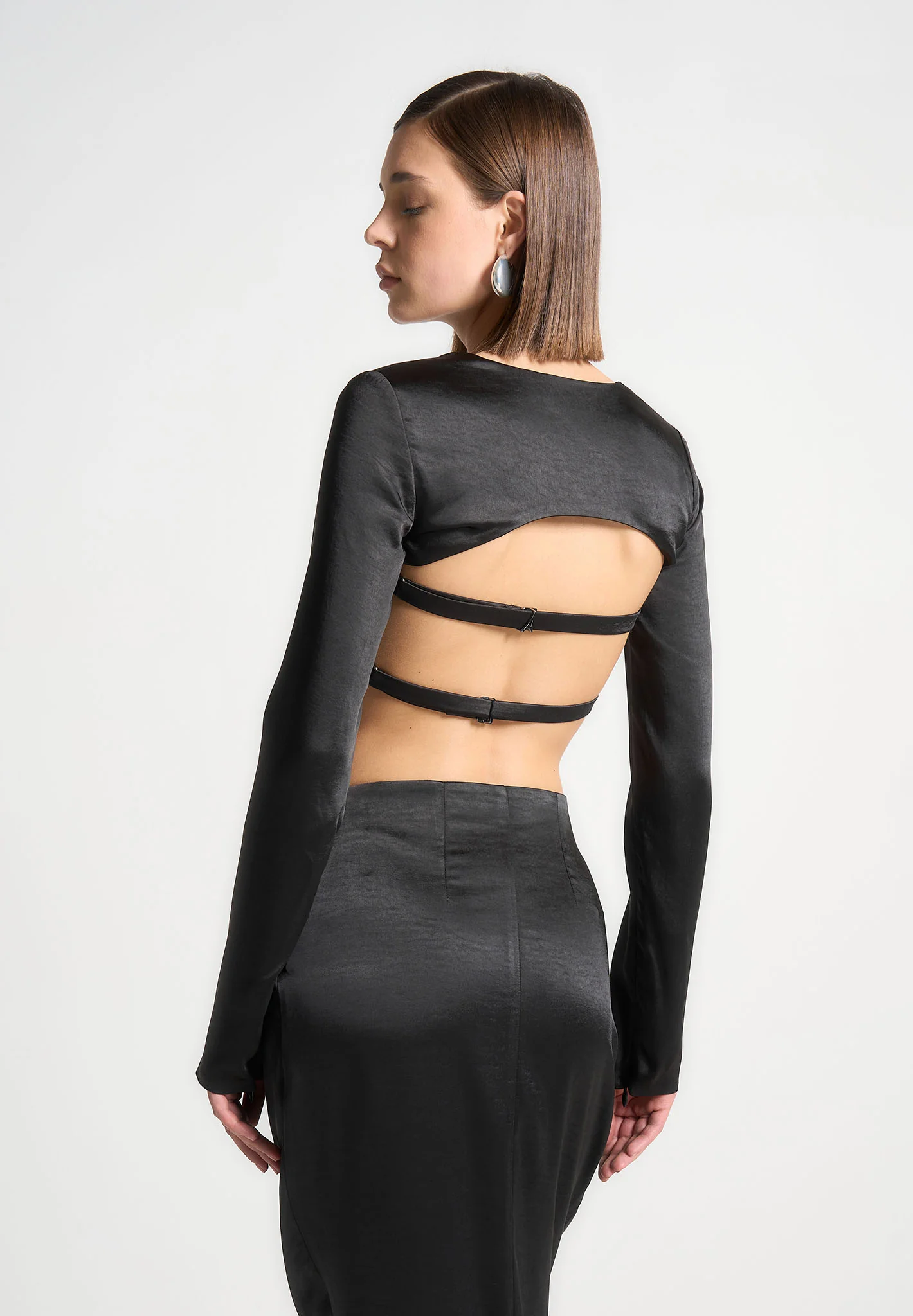 Satin Drape Bandeau Bolero Top - Black - Image 2