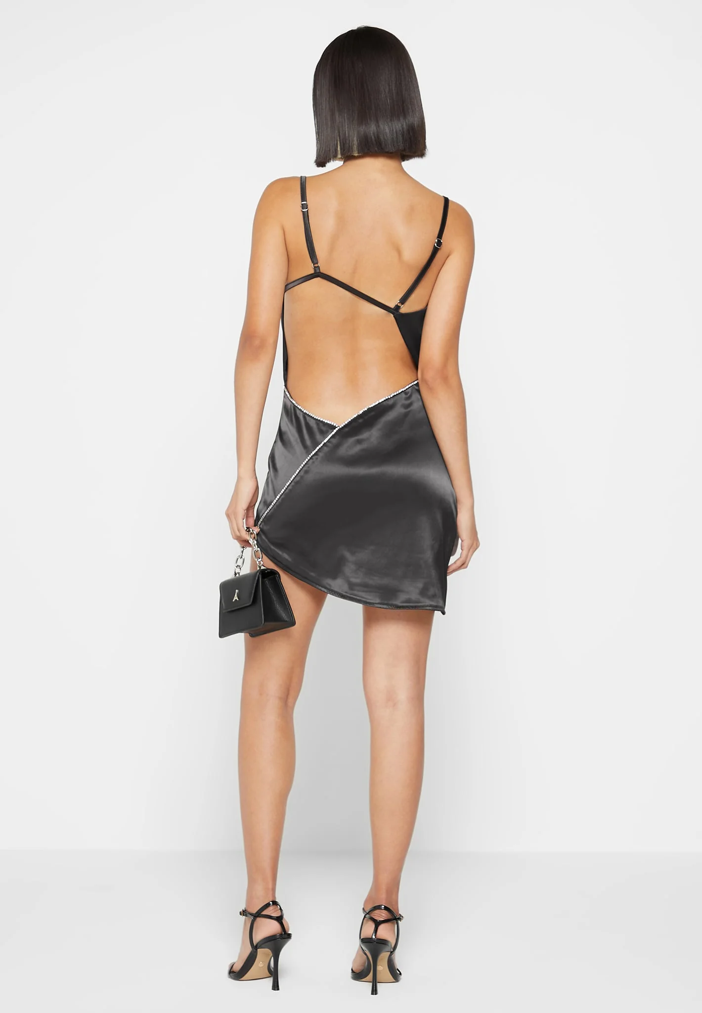 Satin Embellished Open Back Mini Dress - Black - Image 2