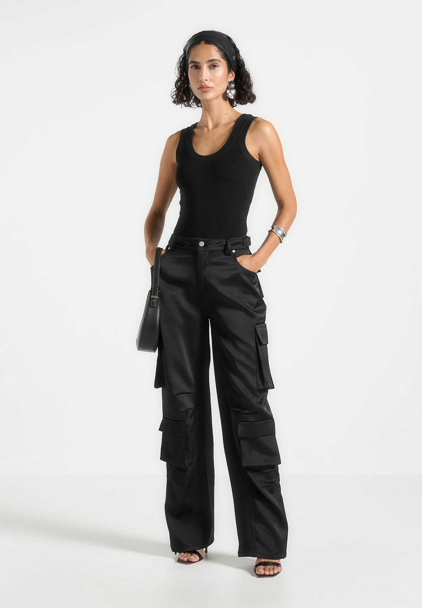 Emilie - Satin High Waisted Cargo Pants - Black - Image 2