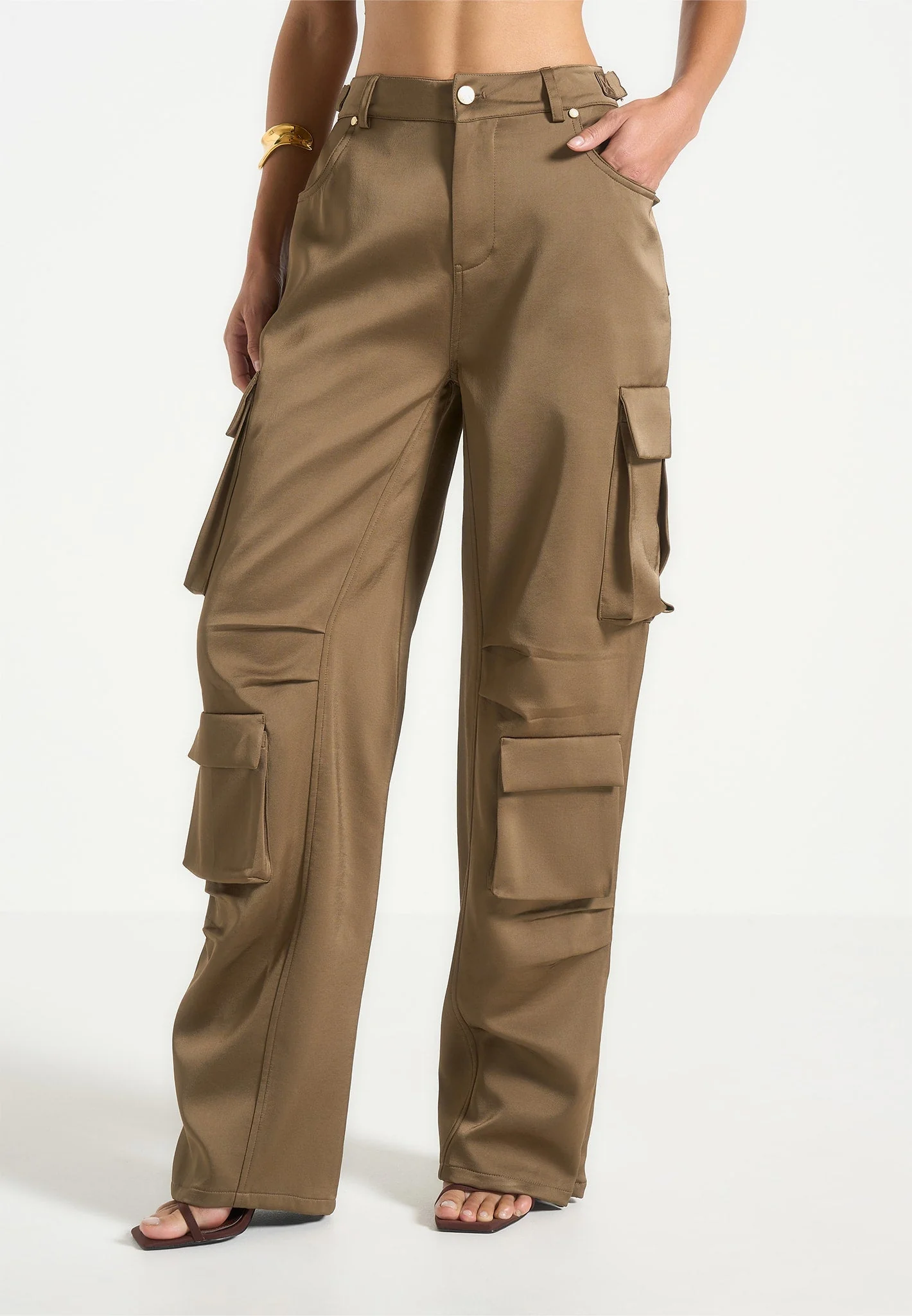Emilie - Satin High Waisted Cargo Pants - Dark Olive - Image 2