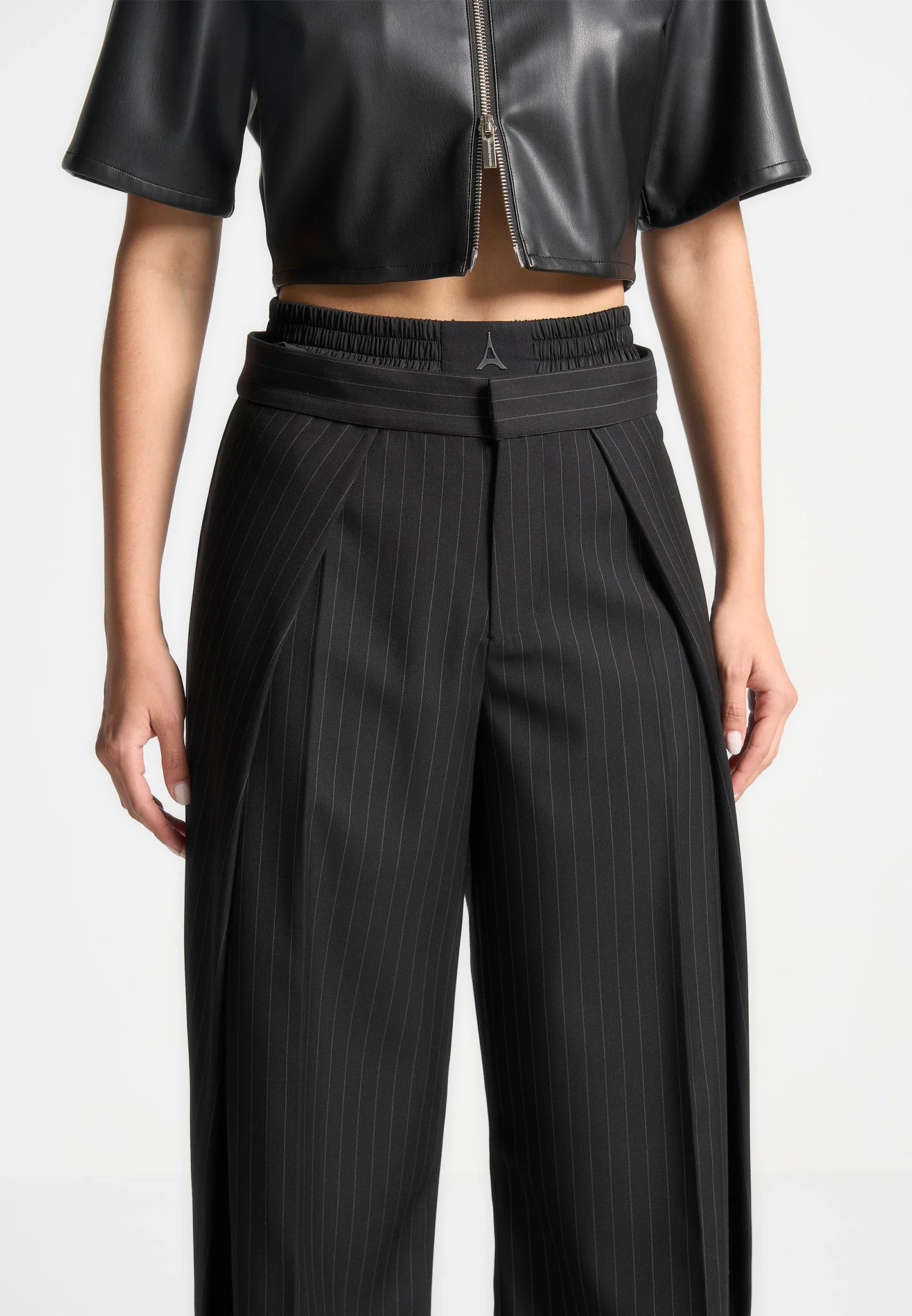 Sofia - Satin Waistband Pinstripe Trousers - Black - Image 5