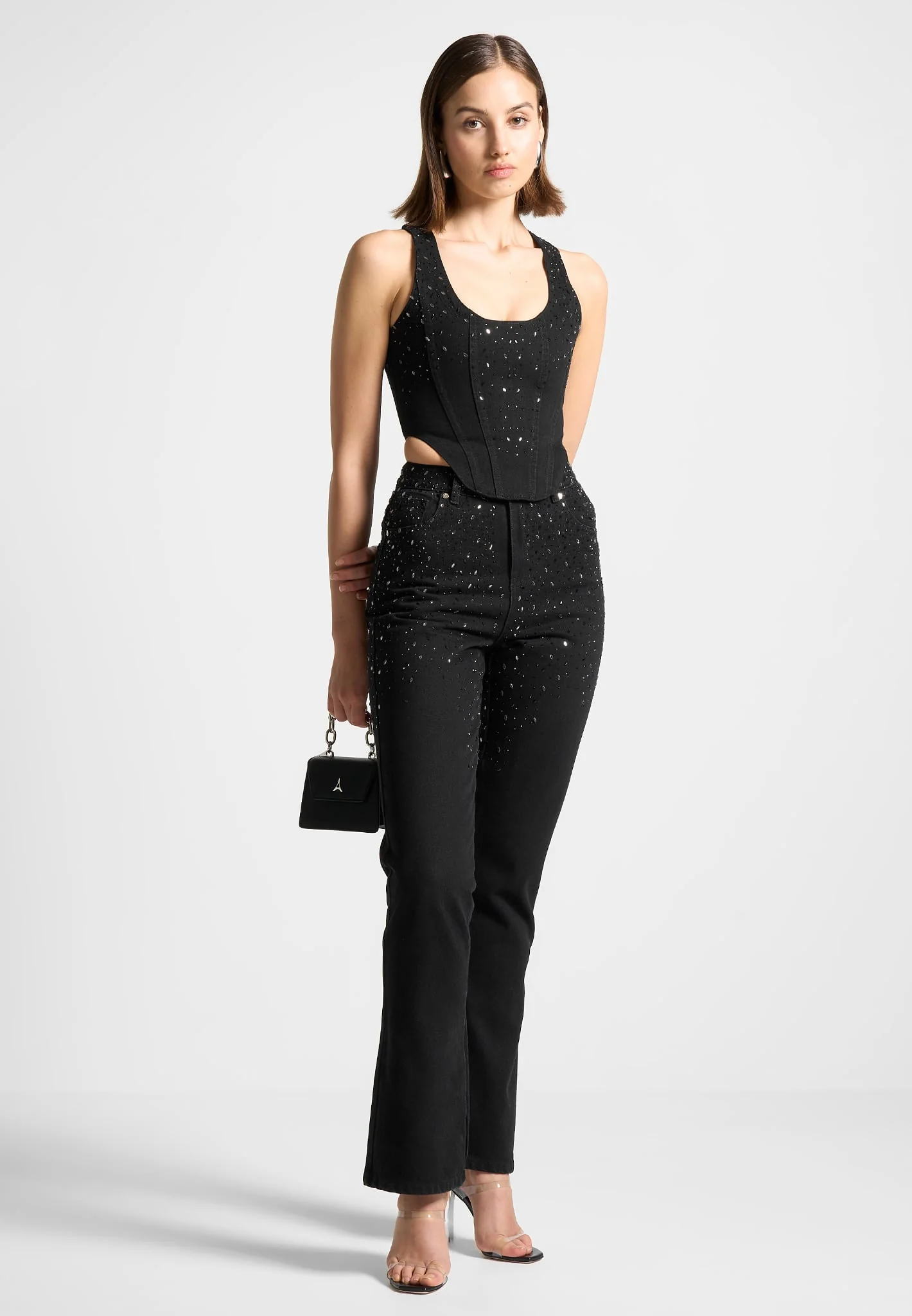 Scattered Rhinestone Denim Corset Top - Black - Image 2