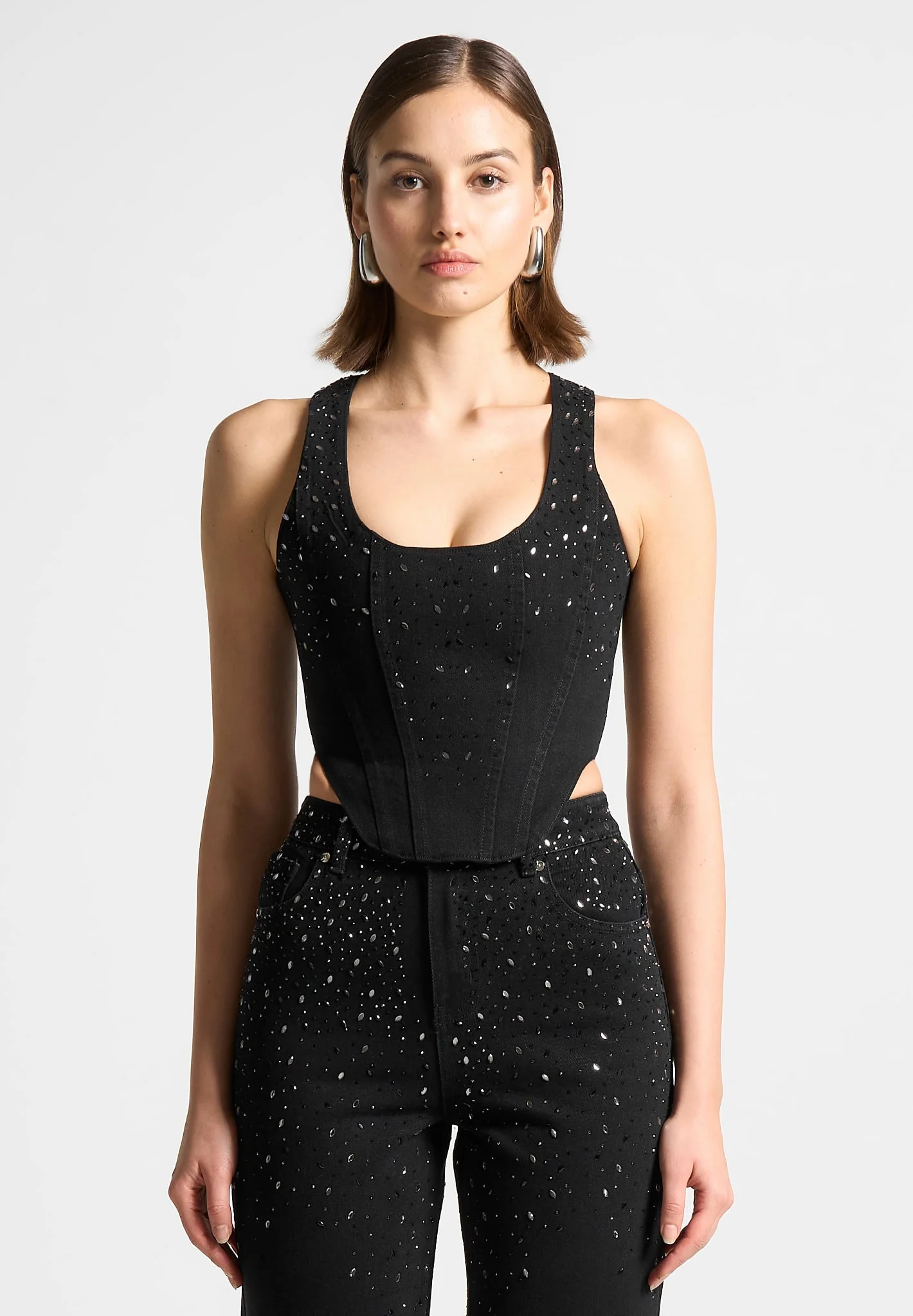 Scattered Rhinestone Denim Corset Top - Black - Image 3