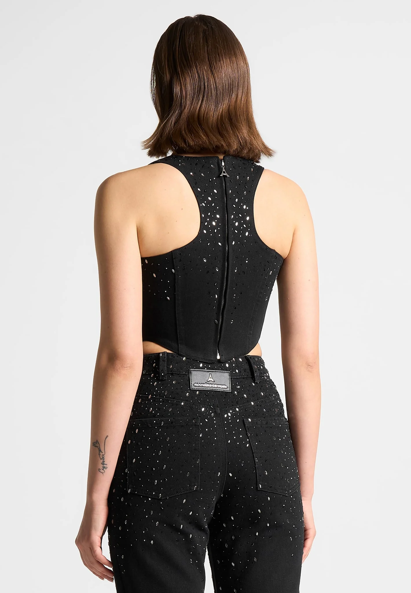 Scattered Rhinestone Denim Corset Top - Black - Image 4