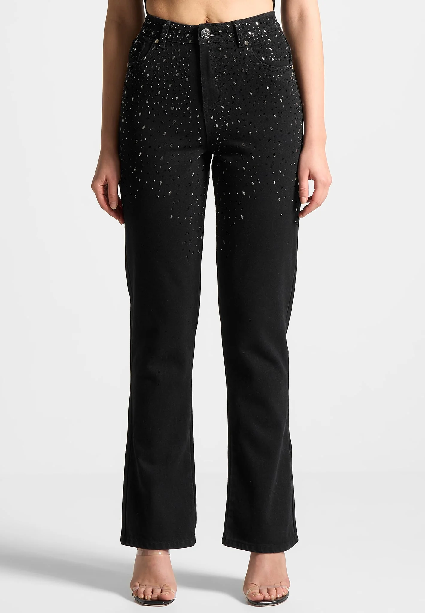 Scattered Rhinestone Mini Flare Jeans - Black - Image 2