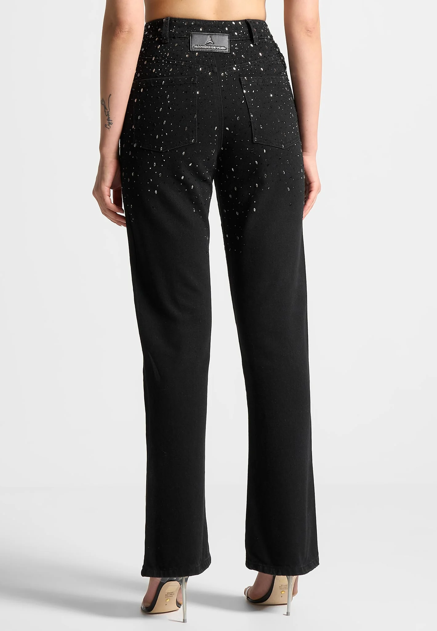 Scattered Rhinestone Mini Flare Jeans - Black - Image 3