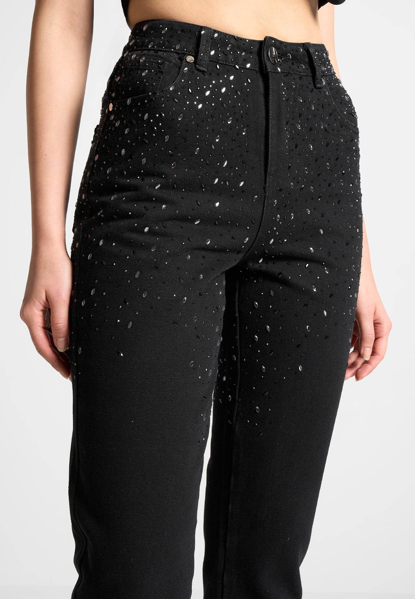 Scattered Rhinestone Mini Flare Jeans - Black - Image 4