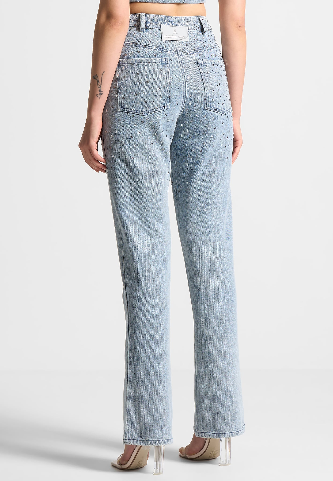Scattered Rhinestone Mini Flare Jeans - Mid Blue - Image 4