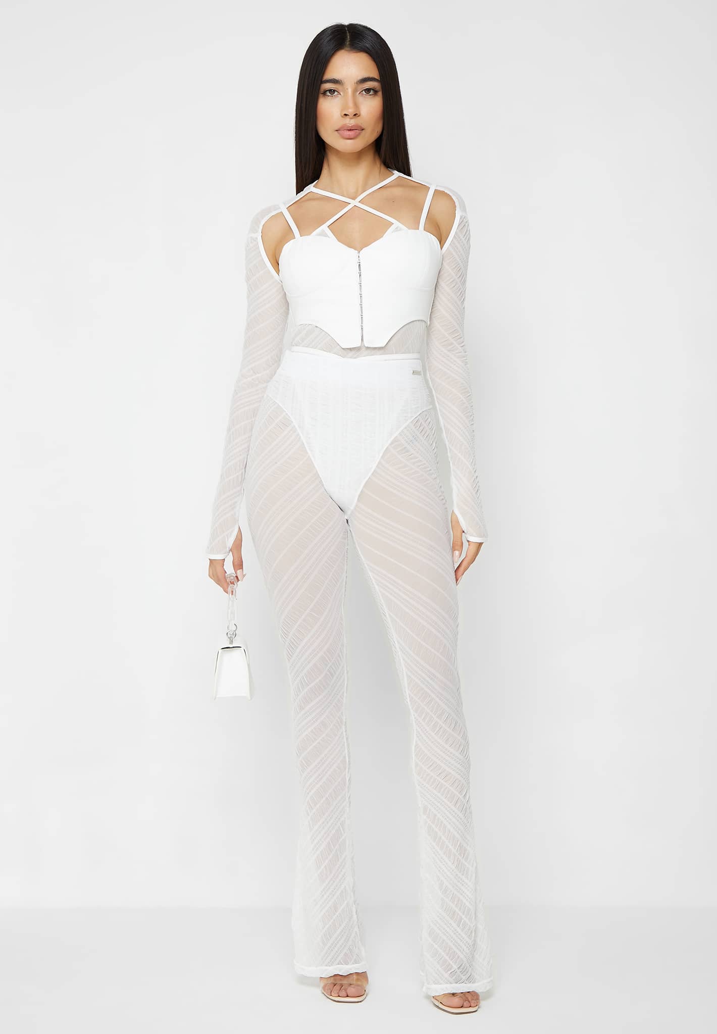Sheer Bodysuit with Leather Corset - White - Image 2
