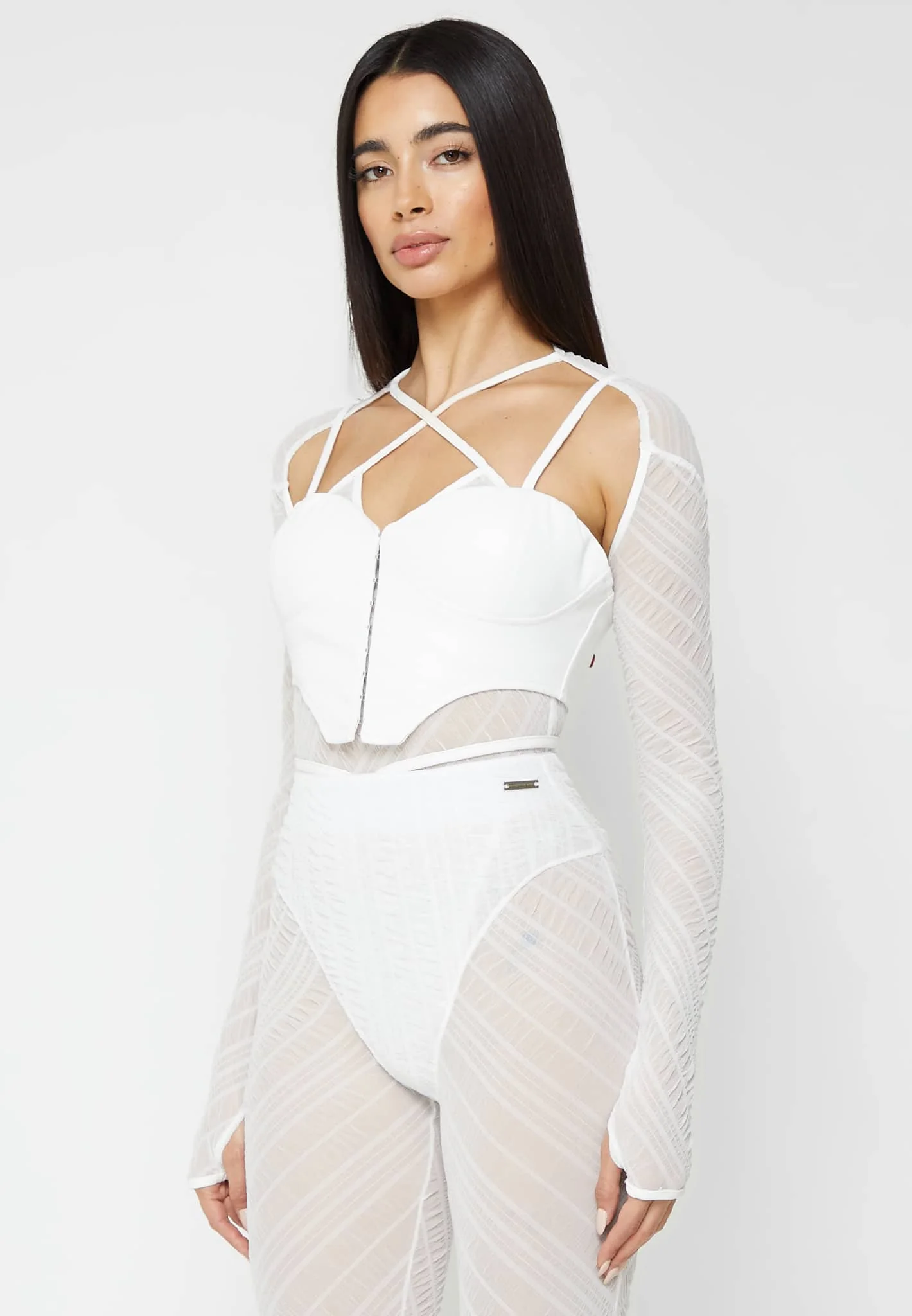 Sheer Bodysuit with Leather Corset - White - Image 3