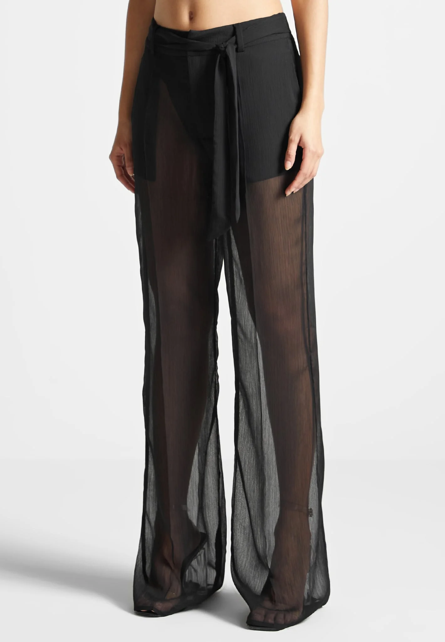 Sheer Trousers with Belt - Black - Image 4