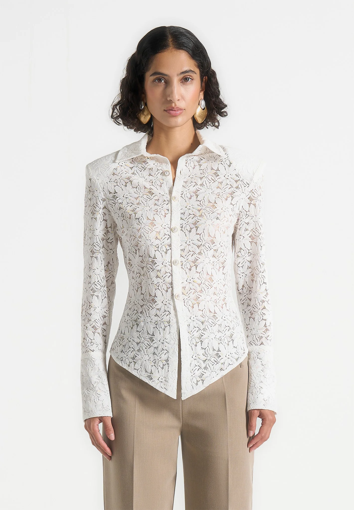 Sila - Wide Shoulder Lace Angled Shirt - White - Image 4