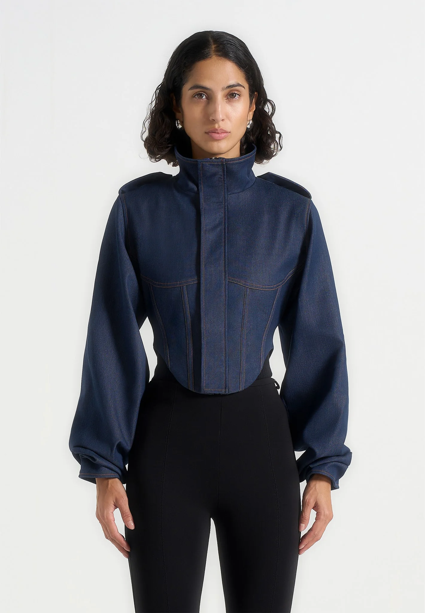 Solange - Denim Tacked Sleeve Corset Jacket - Indigo - Image 3