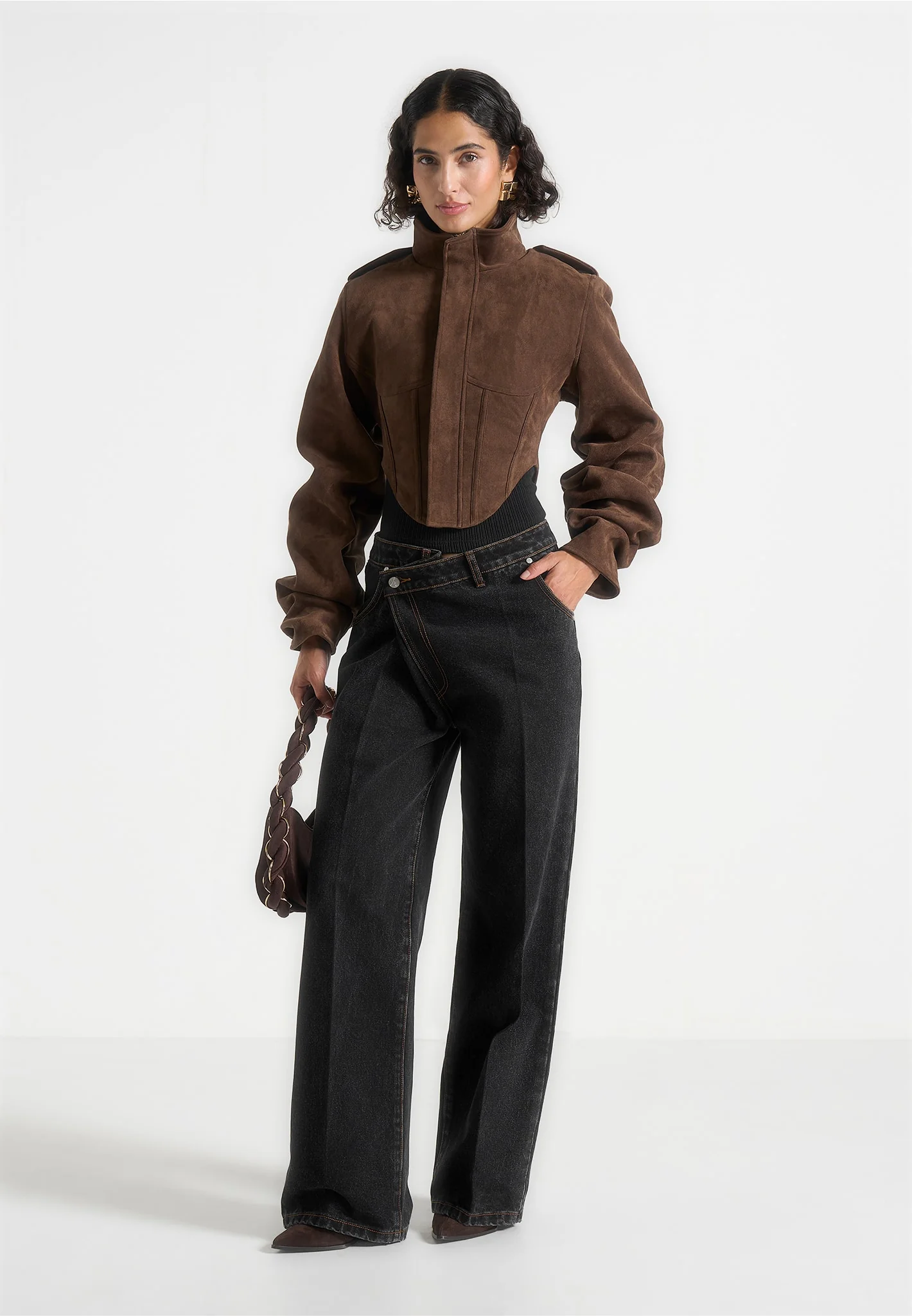Solange - Suede Tacked Sleeve Corset Jacket - Brown - Image 2