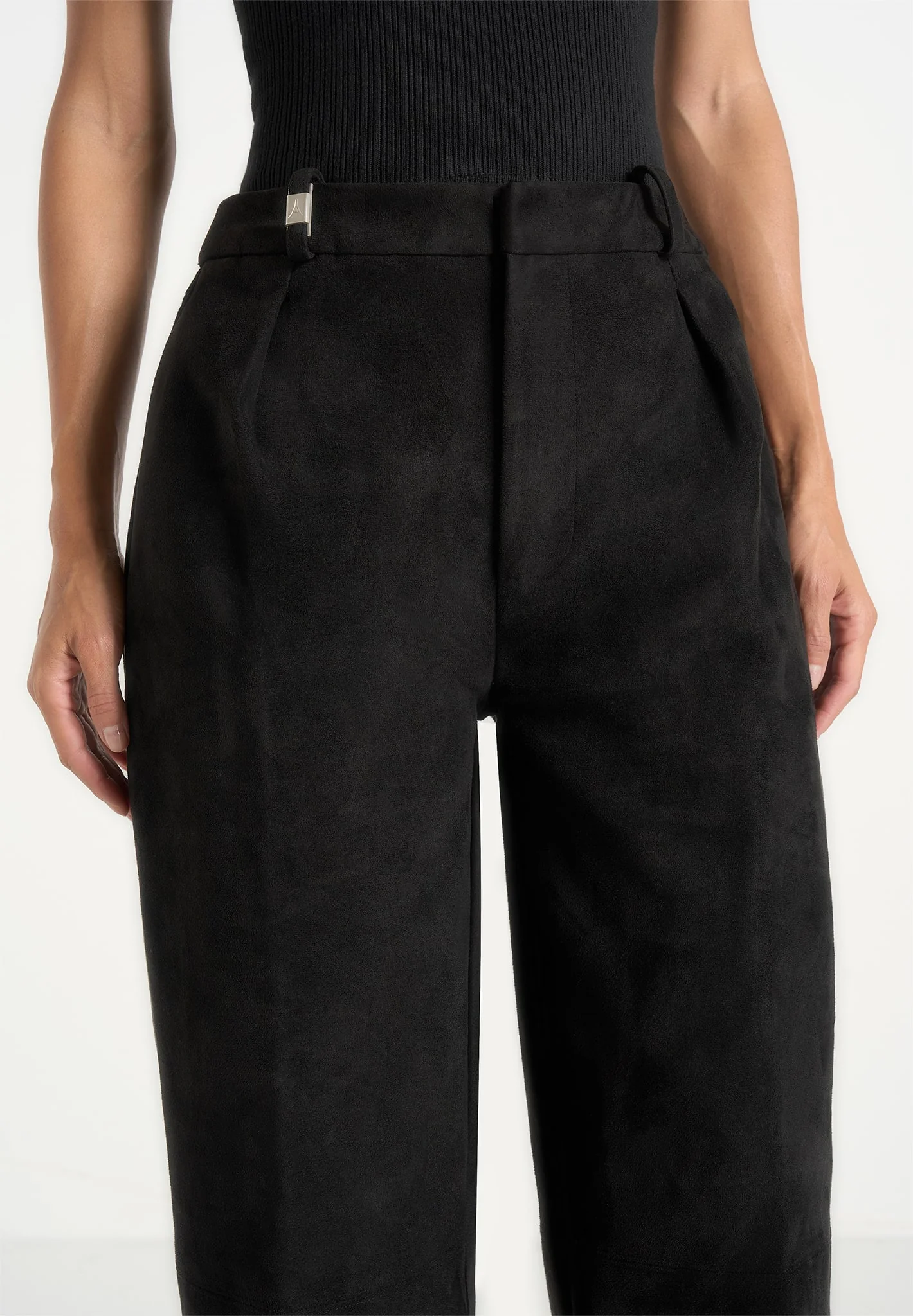 Solene - Suede Wide Leg Pleated Trousers - Black - Image 3