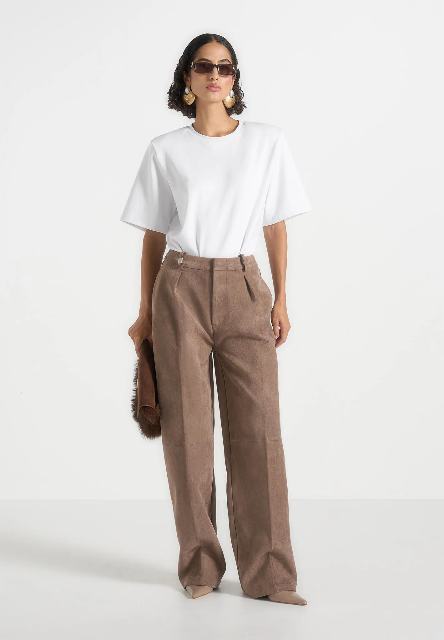 Solene - Suede Wide Leg Pleated Trousers - Taupe - Image 2