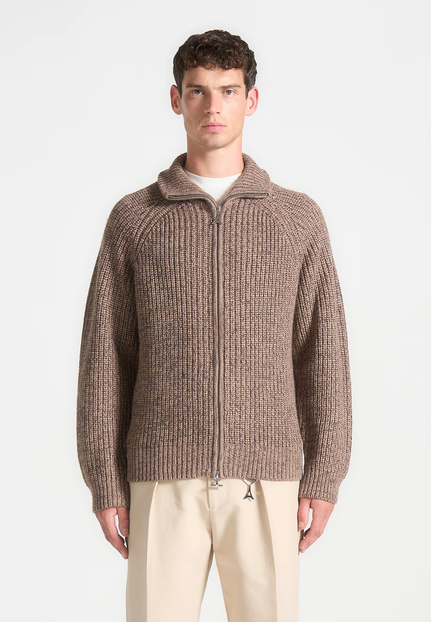 Speckled Wool Zip Up Cardigan - Taupe - Image 2
