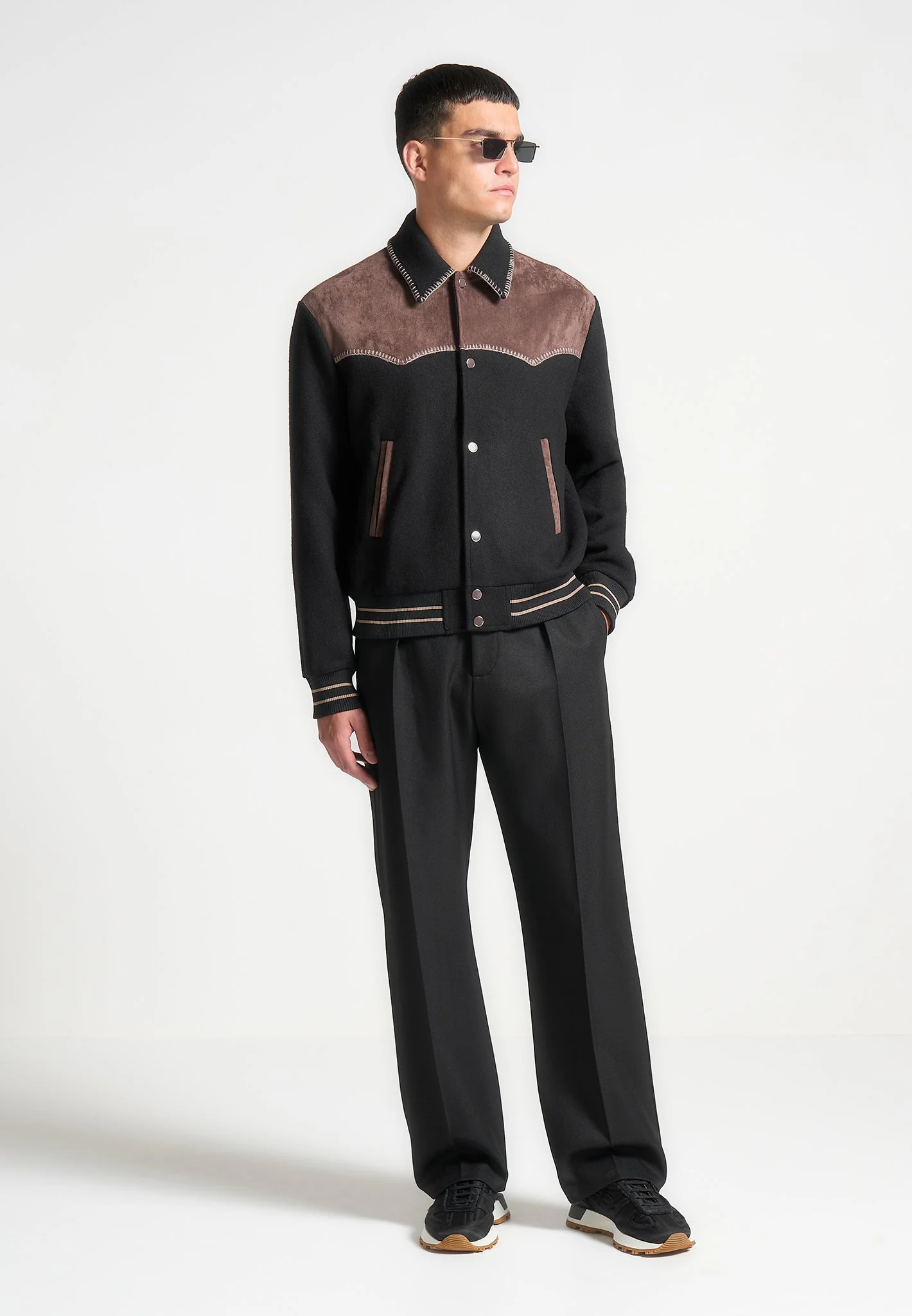 Suede and Wool Whipstitch Varsity Jacket - Black/Brown - Image 2
