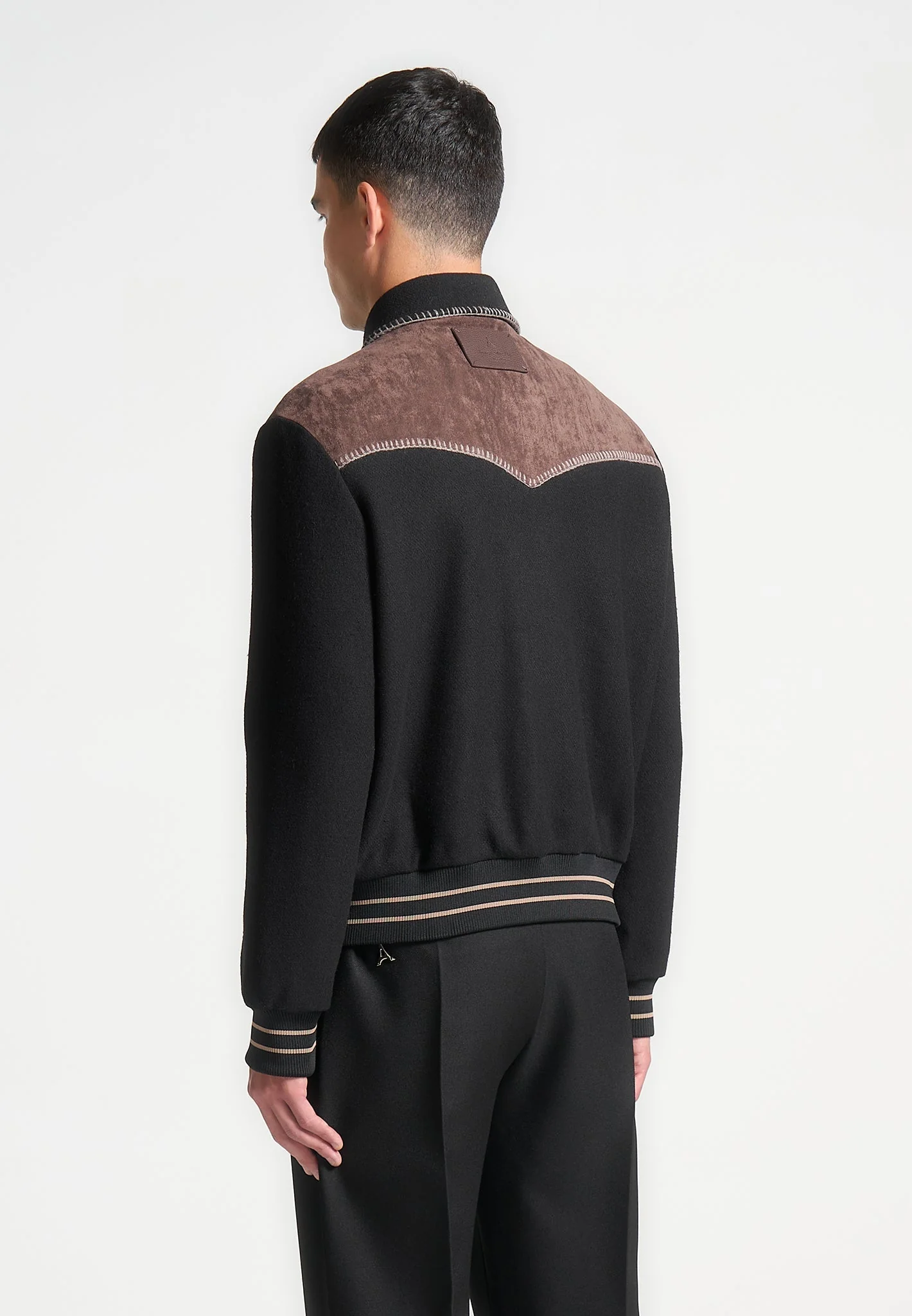 Suede and Wool Whipstitch Varsity Jacket - Black/Brown - Image 3