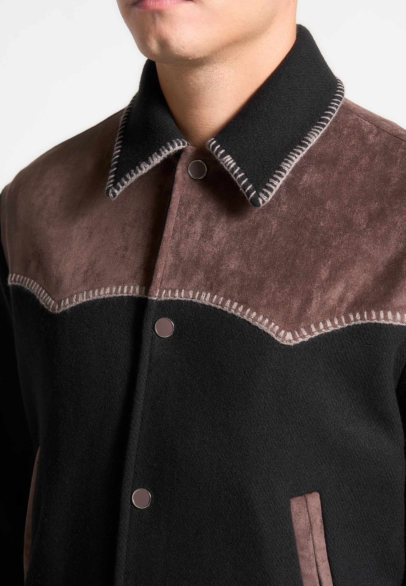 Suede and Wool Whipstitch Varsity Jacket - Black/Brown - Image 4