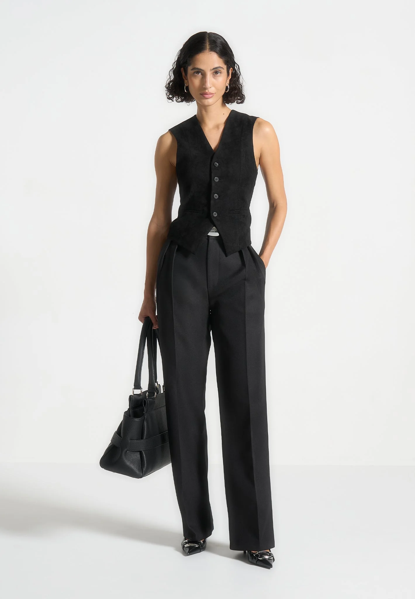 Christine - Suede Cinch Waistcoat - Black - Image 4