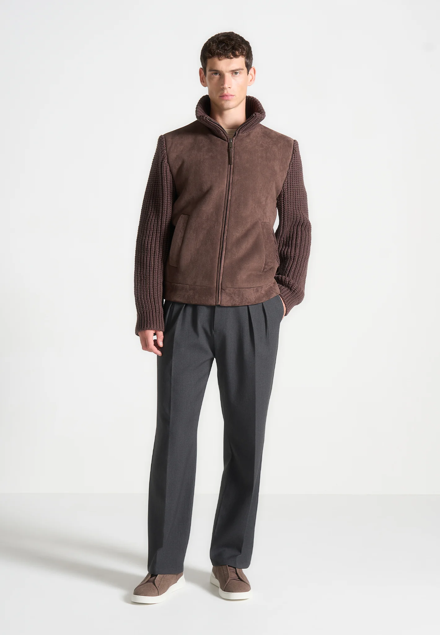 Suede & Knit Jacket - Brown - Image 2