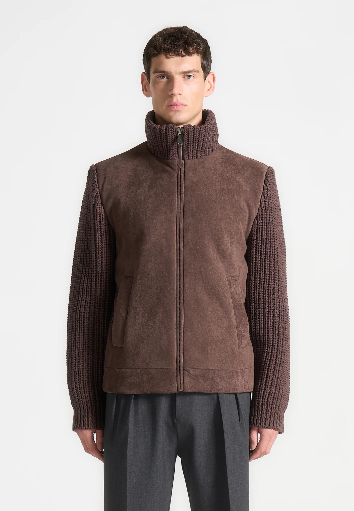 Suede & Knit Jacket - Brown - Image 4
