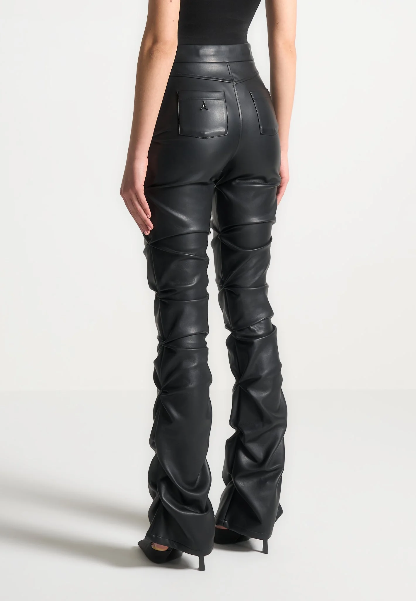 Caroline - Tacked Leather Flared Trousers - Black - Image 3