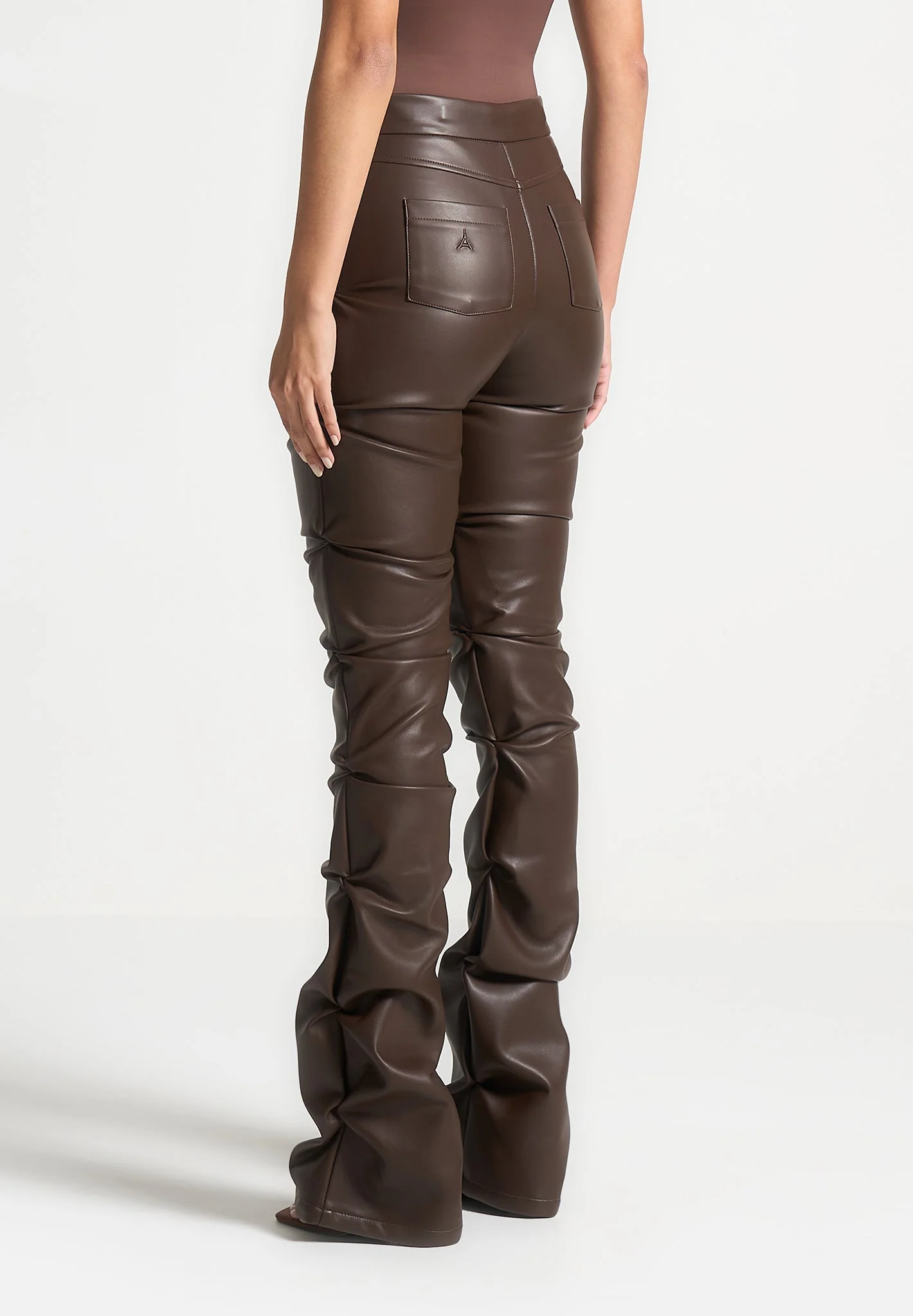 Caroline - Tacked Leather Flared Trousers - Brown - Image 3