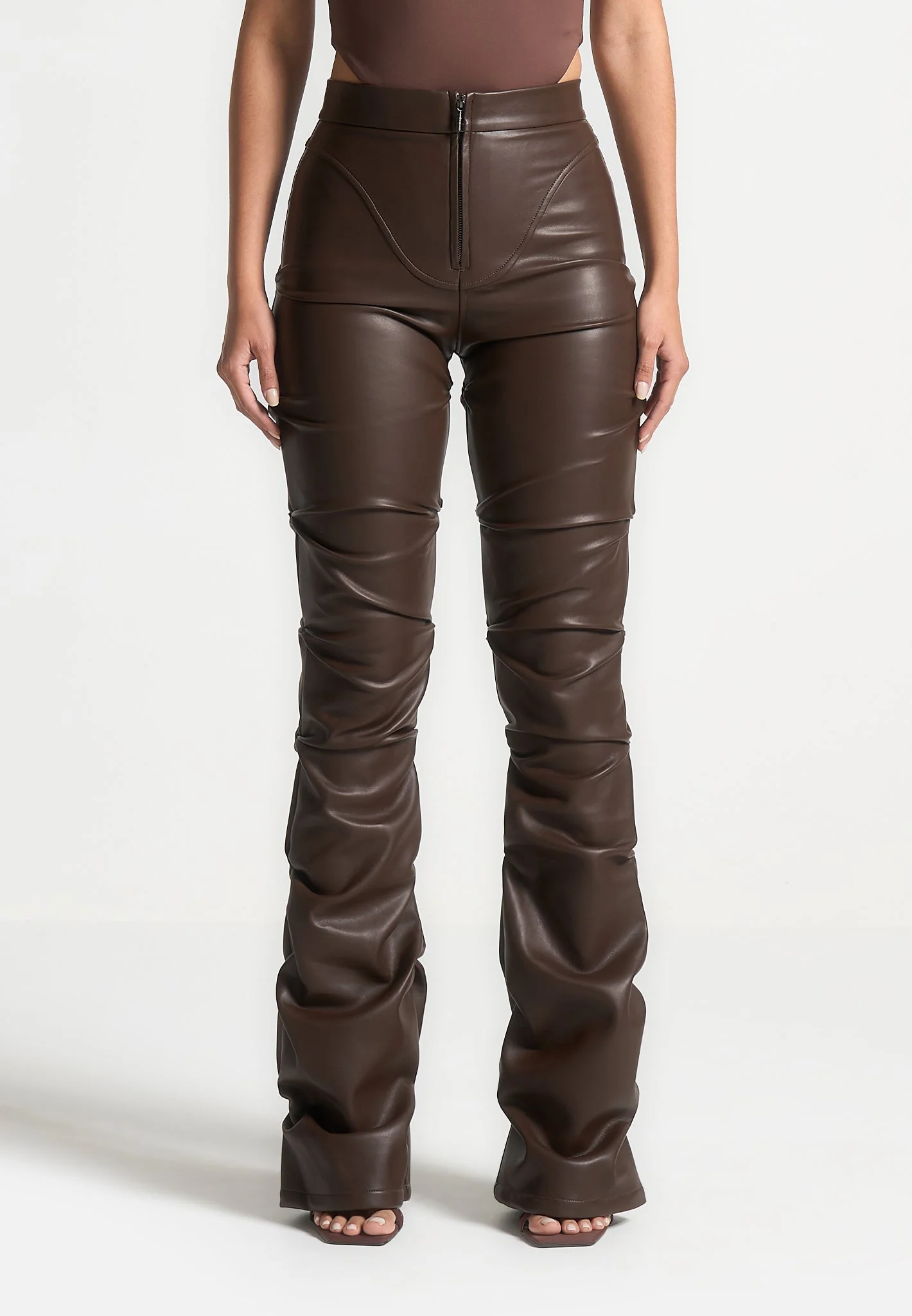 Caroline - Tacked Leather Flared Trousers - Brown - Image 4