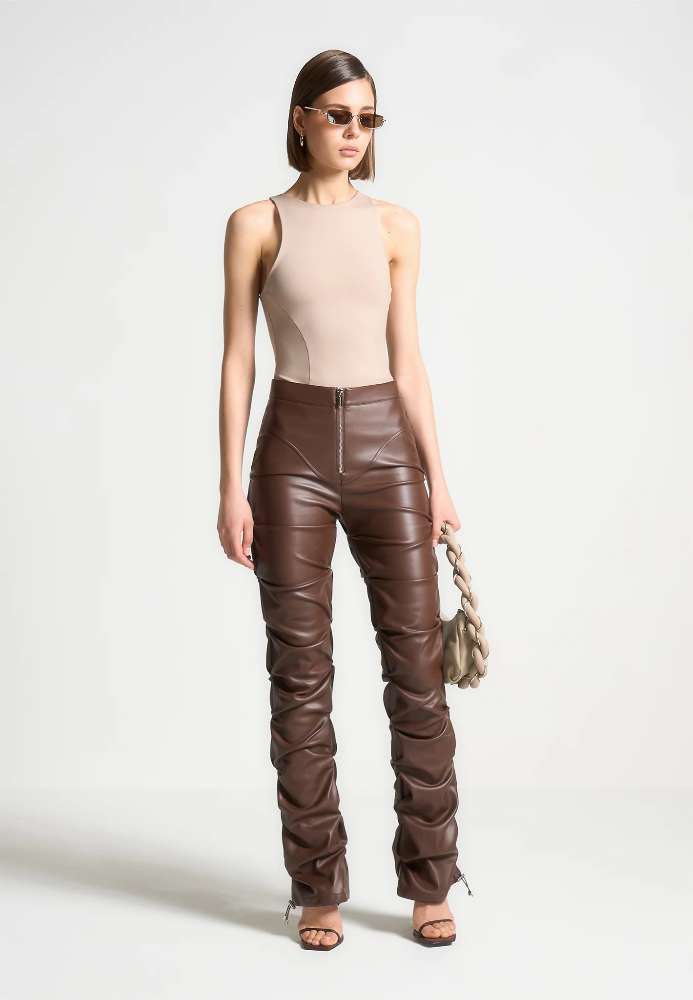 Tacked Leather Flared Trousers - Chocolate Brown - Image 2