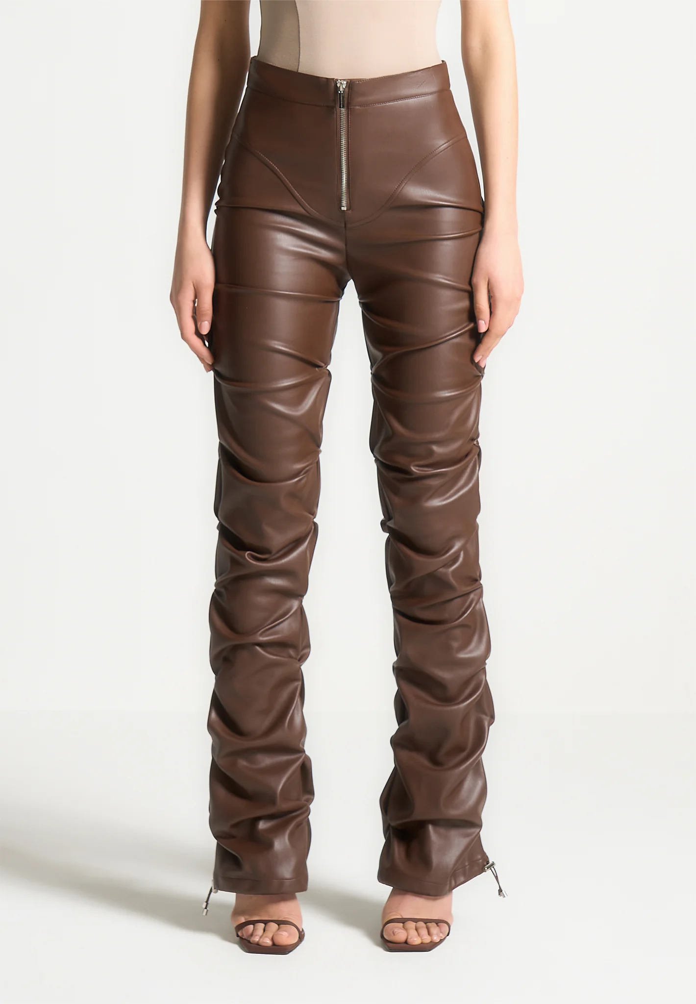 Tacked Leather Flared Trousers - Chocolate Brown - Image 3