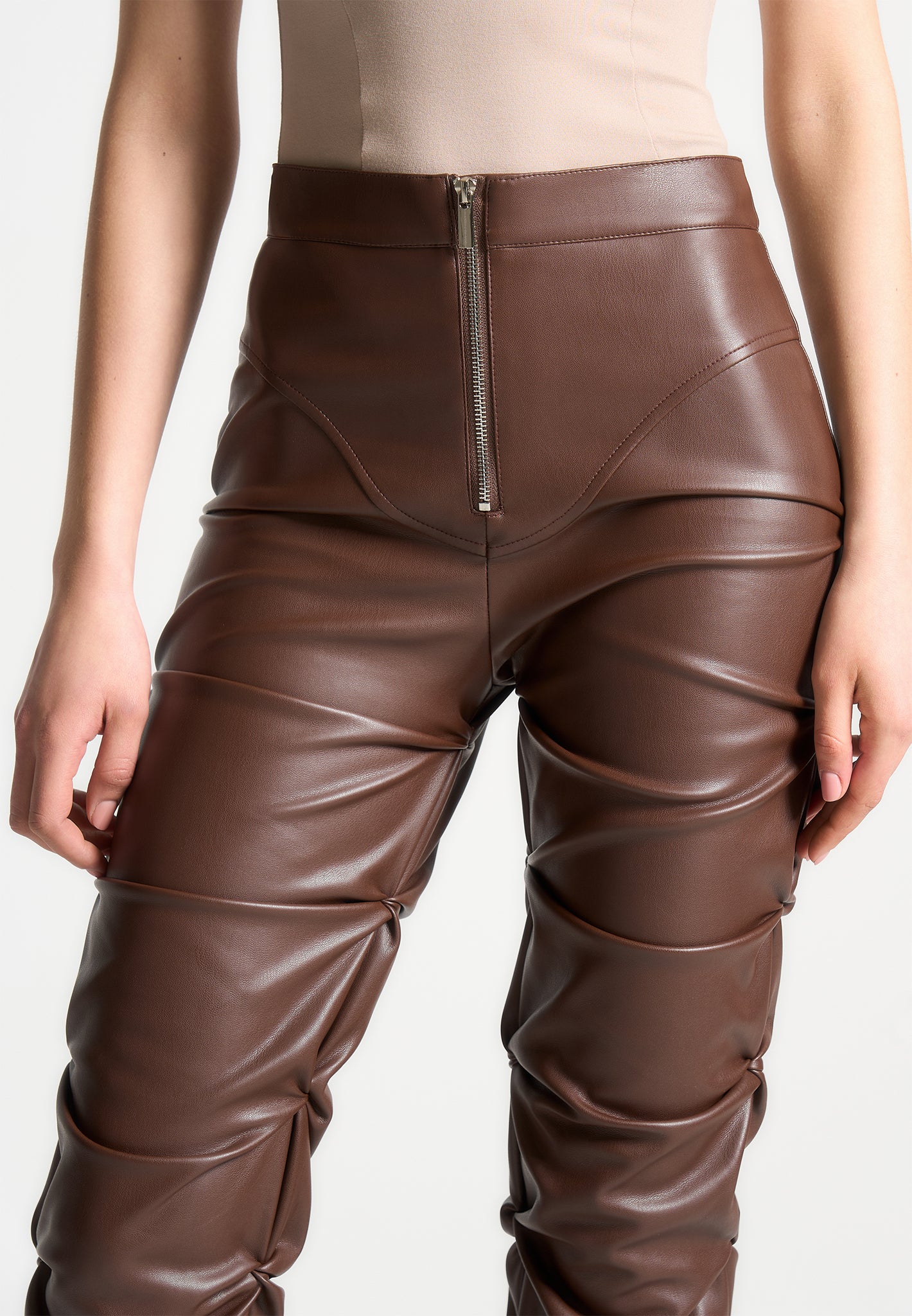 Tacked Leather Flared Trousers - Chocolate Brown - Image 6