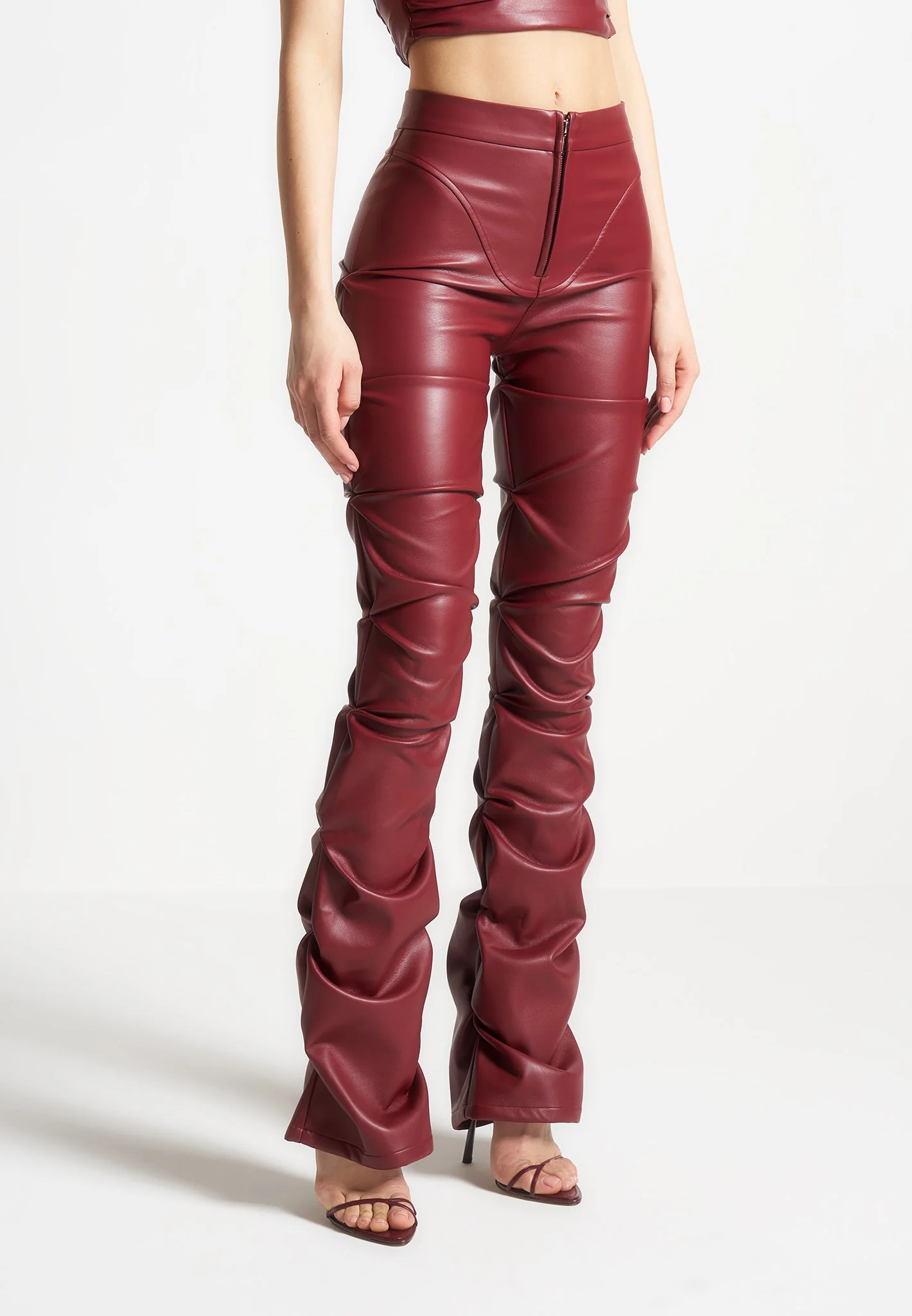 Caroline - Tacked Leather Flared Trousers - Wine Red - Image 3