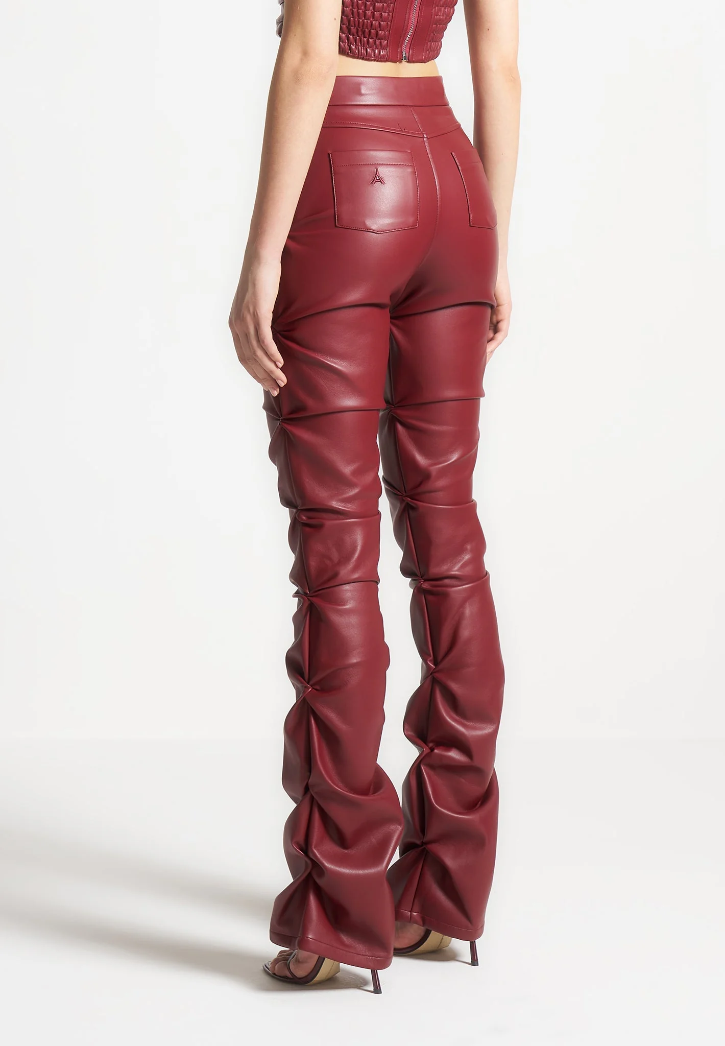 Caroline - Tacked Leather Flared Trousers - Wine Red - Image 4