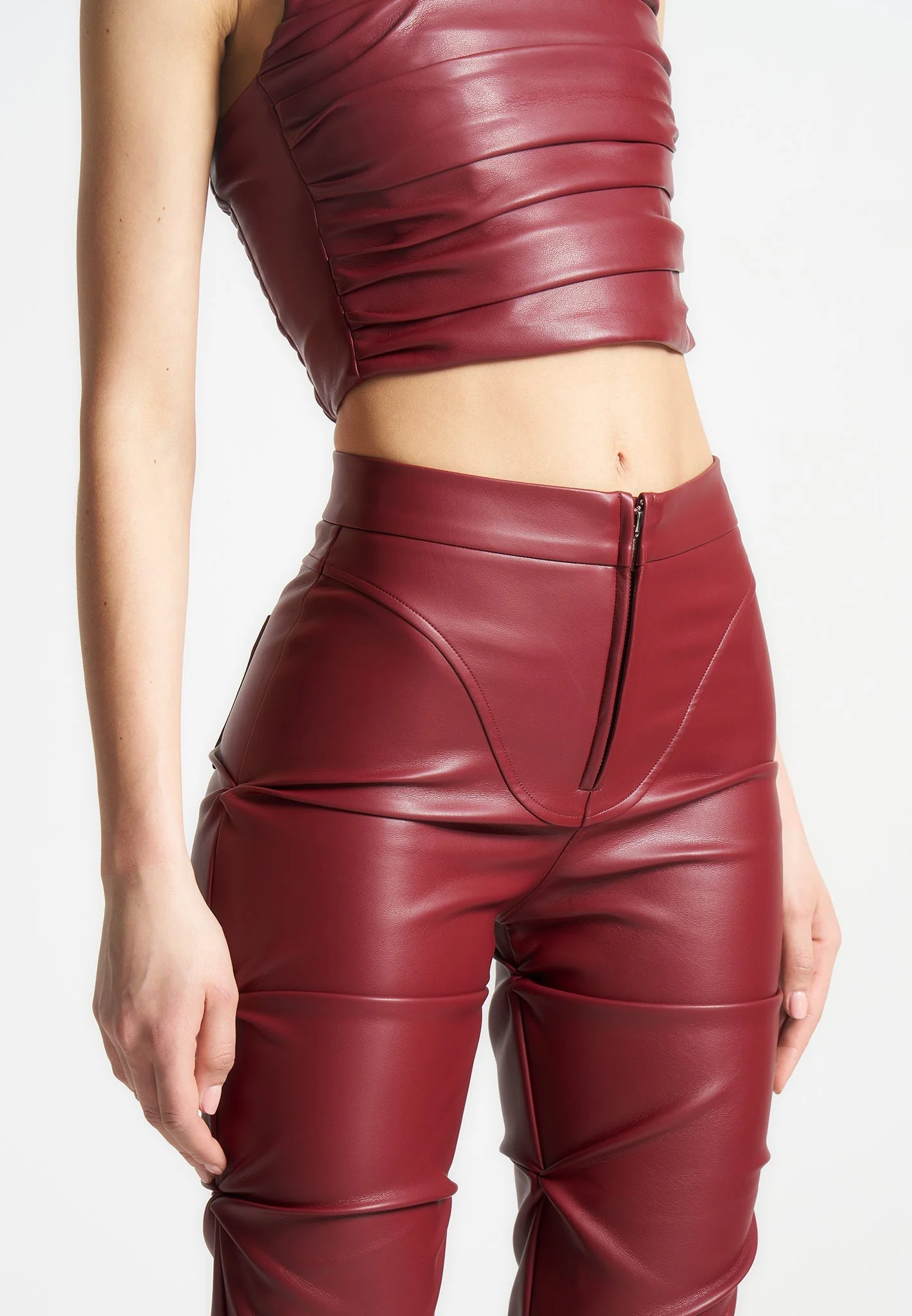 Caroline - Tacked Leather Flared Trousers - Wine Red - Image 5