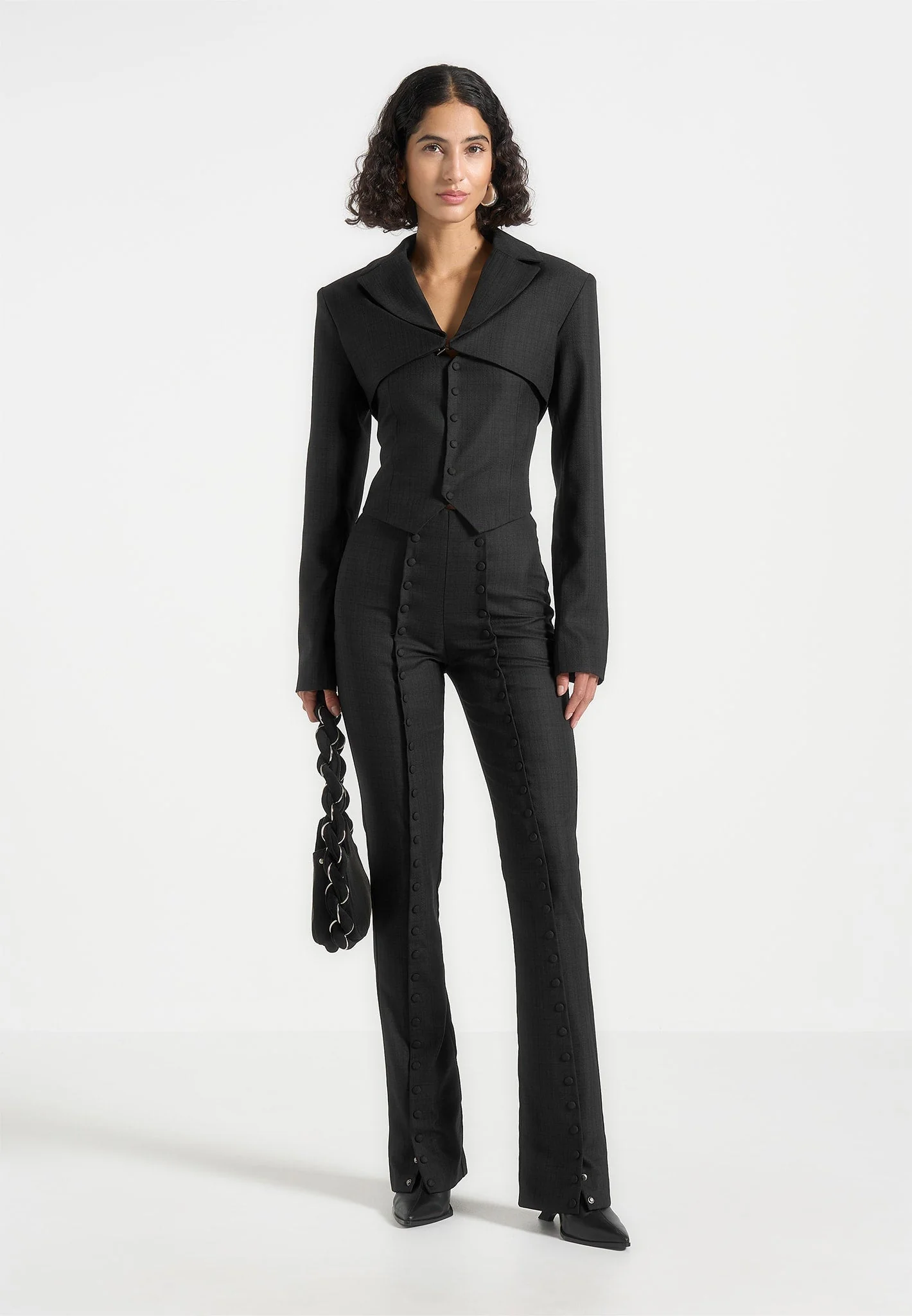 Therese - Tailored Button Detail Trousers - Black - Image 2